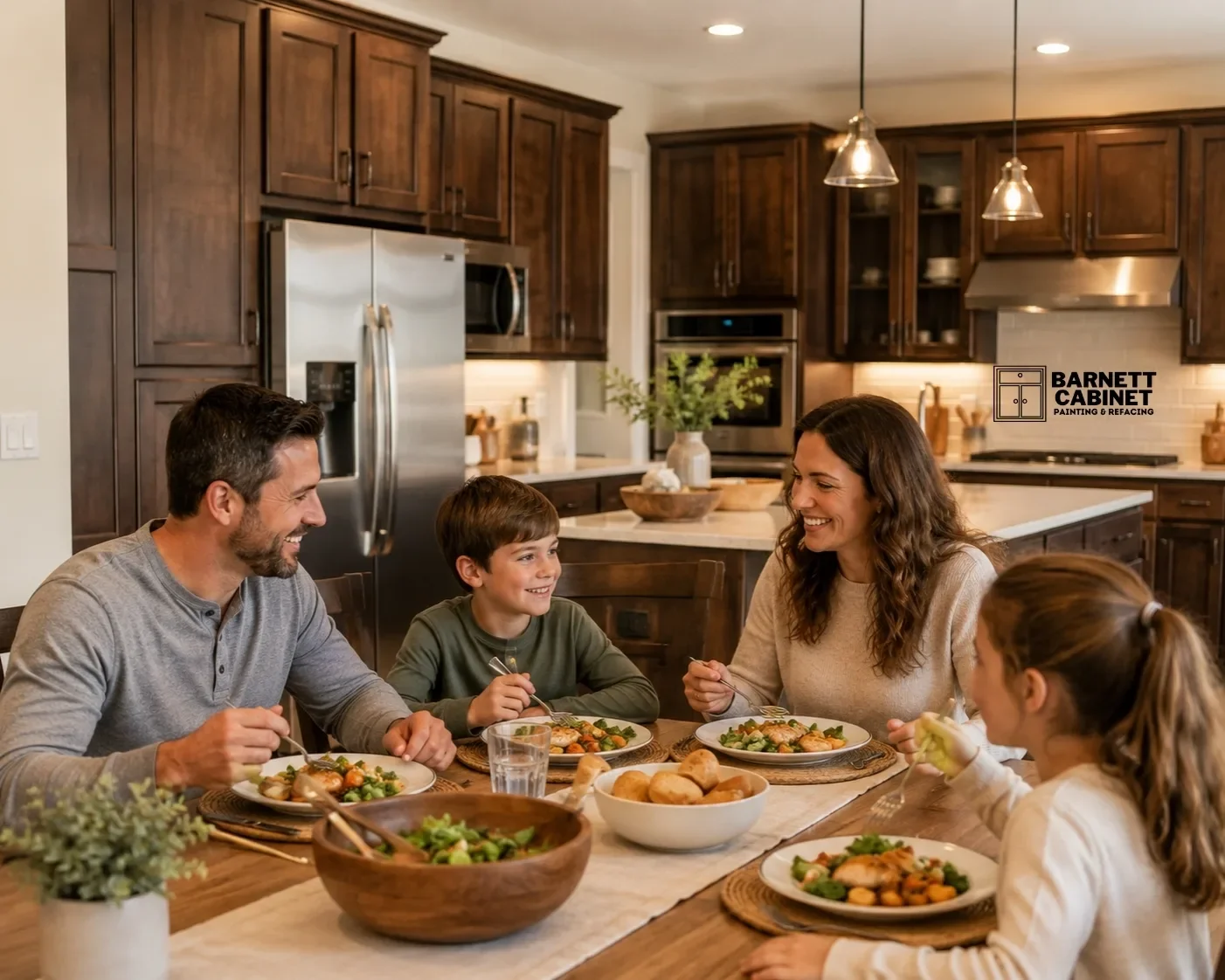 family-having-dinner-in-refinished-kitchen