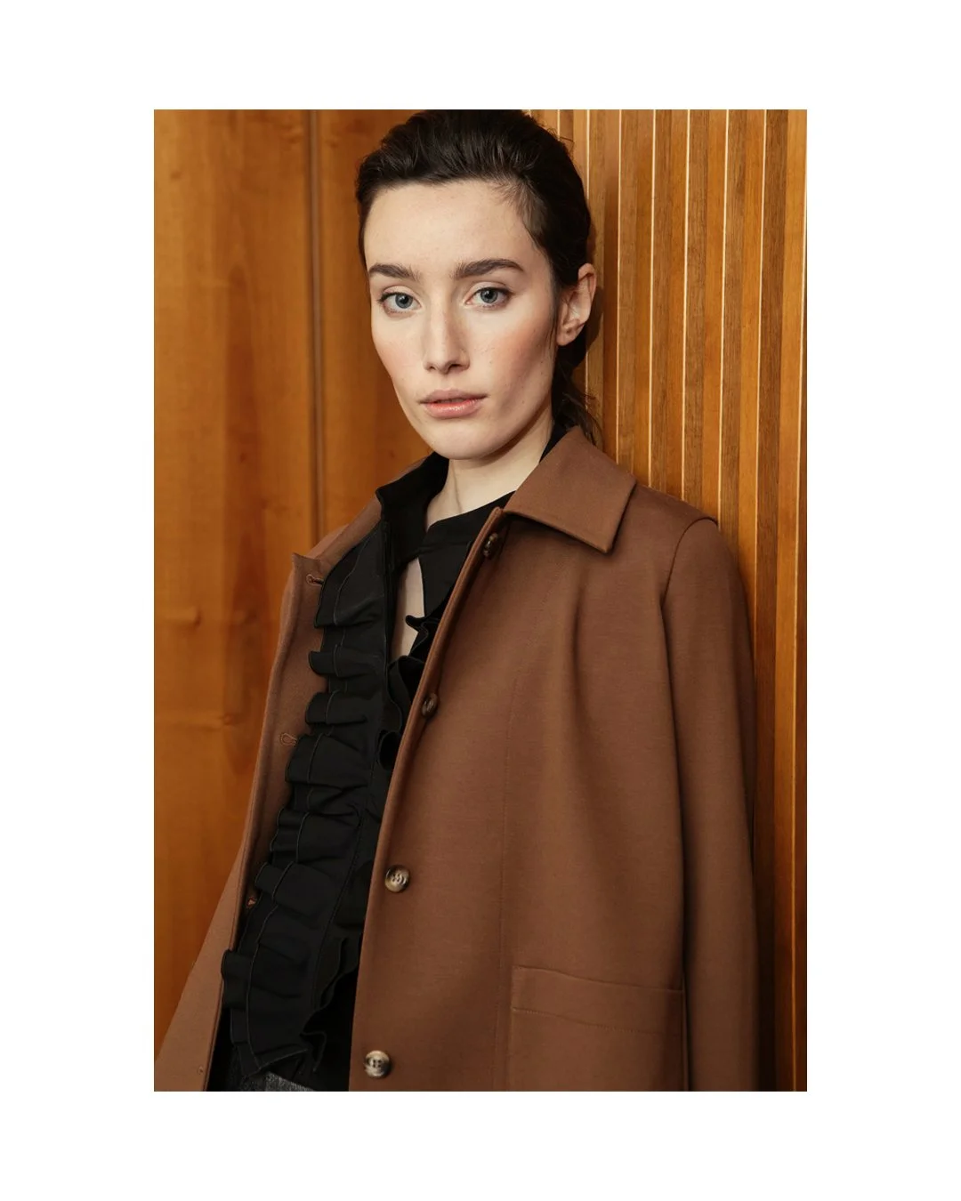 Confidently-relaxed in a portrait. A hint of frill, a perfectly comfortable Milano-stitch chore jacket. A balance of charm and comfort.