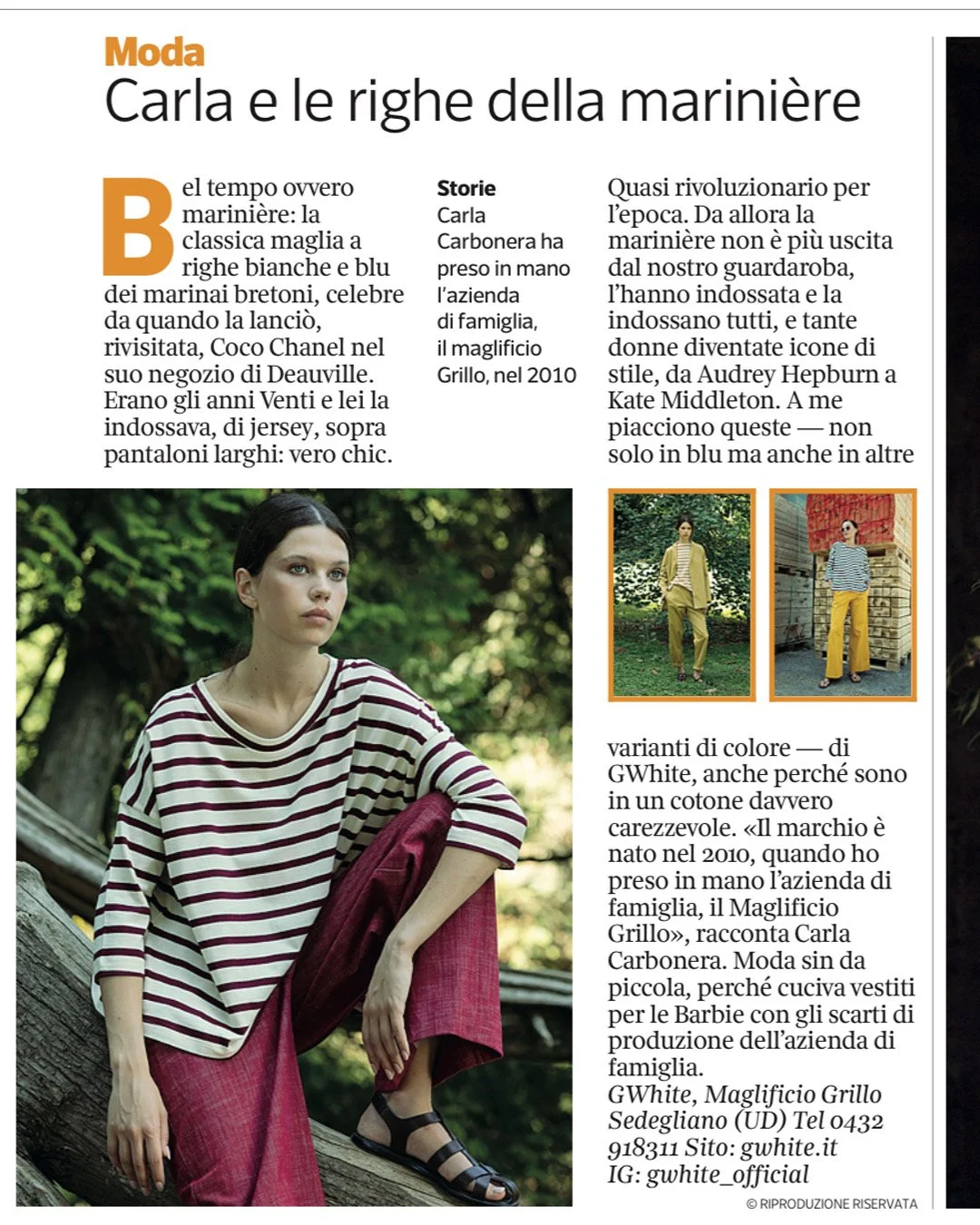 Monday news.
We&rsquo;ve been featured in Corriere, and this gives us the chance to share a short Marini&egrave;re edit, one of our timeless essentials, always present in GWhite looks.
Thank you to @lisa.corva  for telling a part of our story.