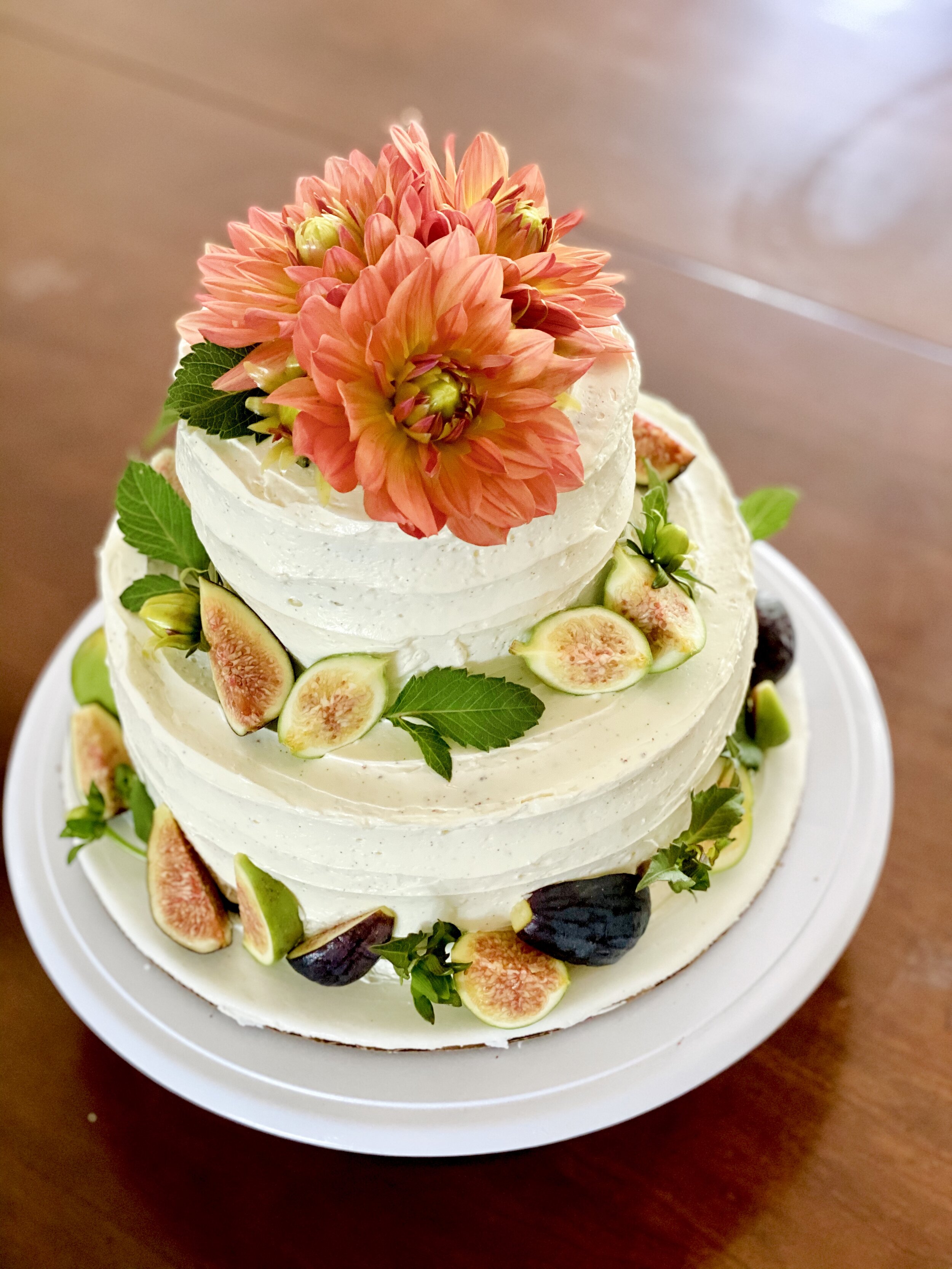 Chocolate Cake with Vanilla Bean Buttercream, Fresh Figs and Dahlias