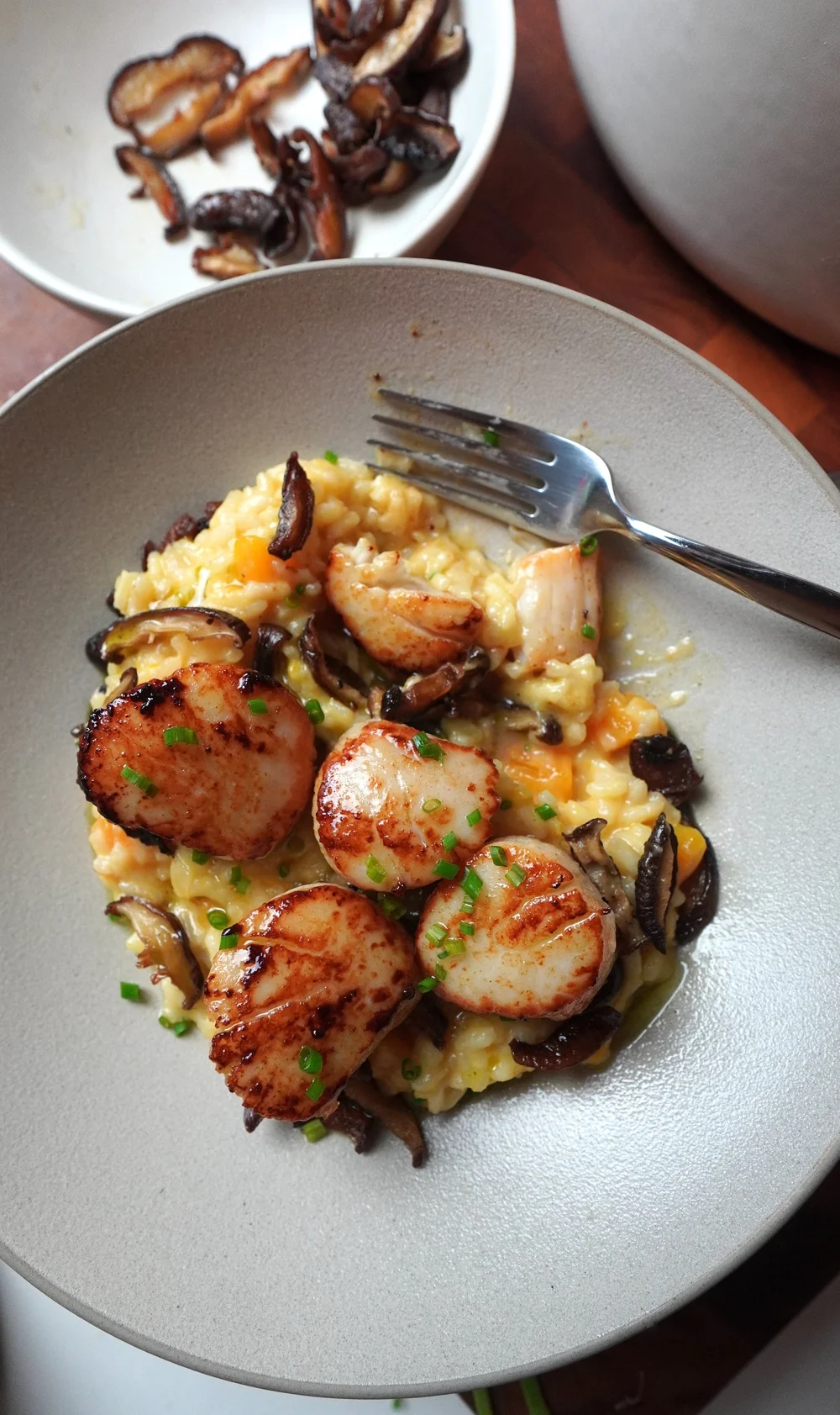 Butternut Squash Risotto with Crispy Mushroms, Scallops, and Basil Oil