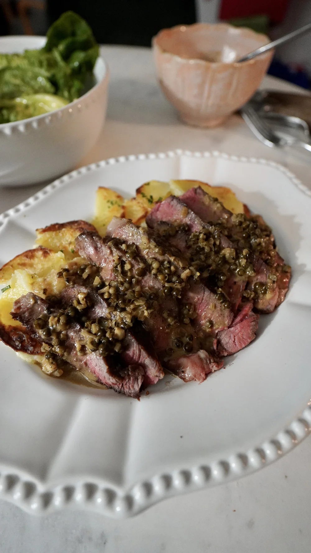 Steak Au Poivre and Scalloped Mashed Potatoes