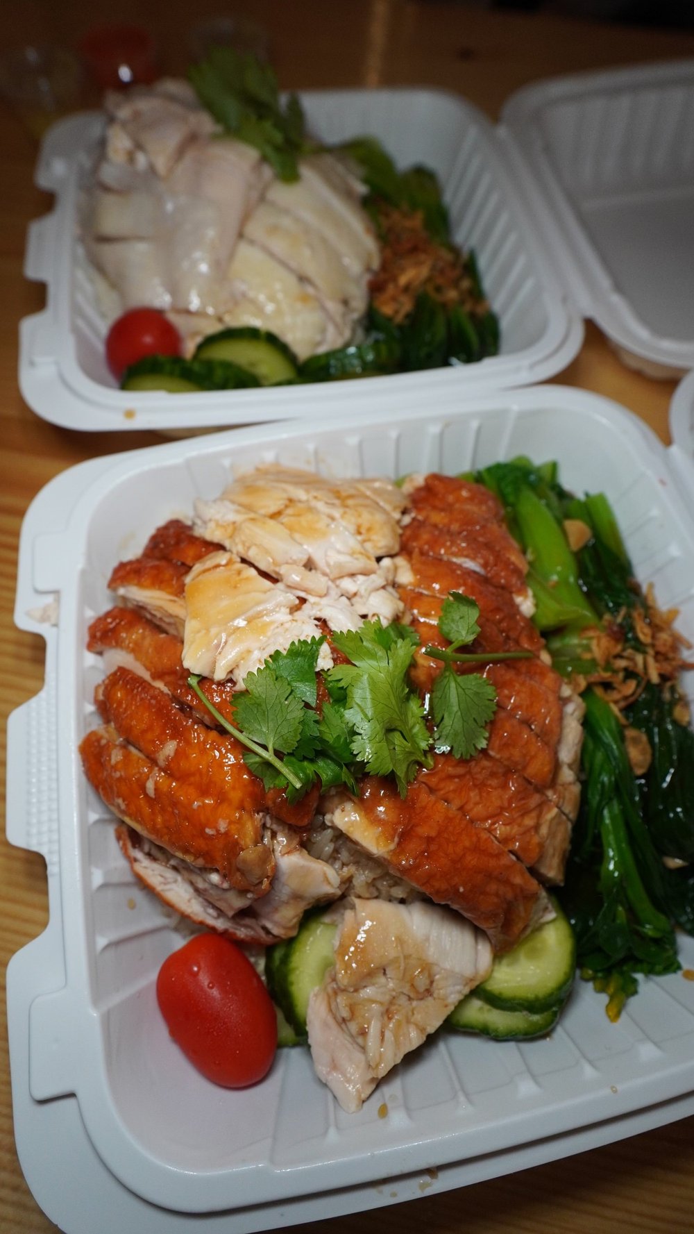 Roasted chicken rice (front) and Poached chicken rice (back) from Lou Yau Kee