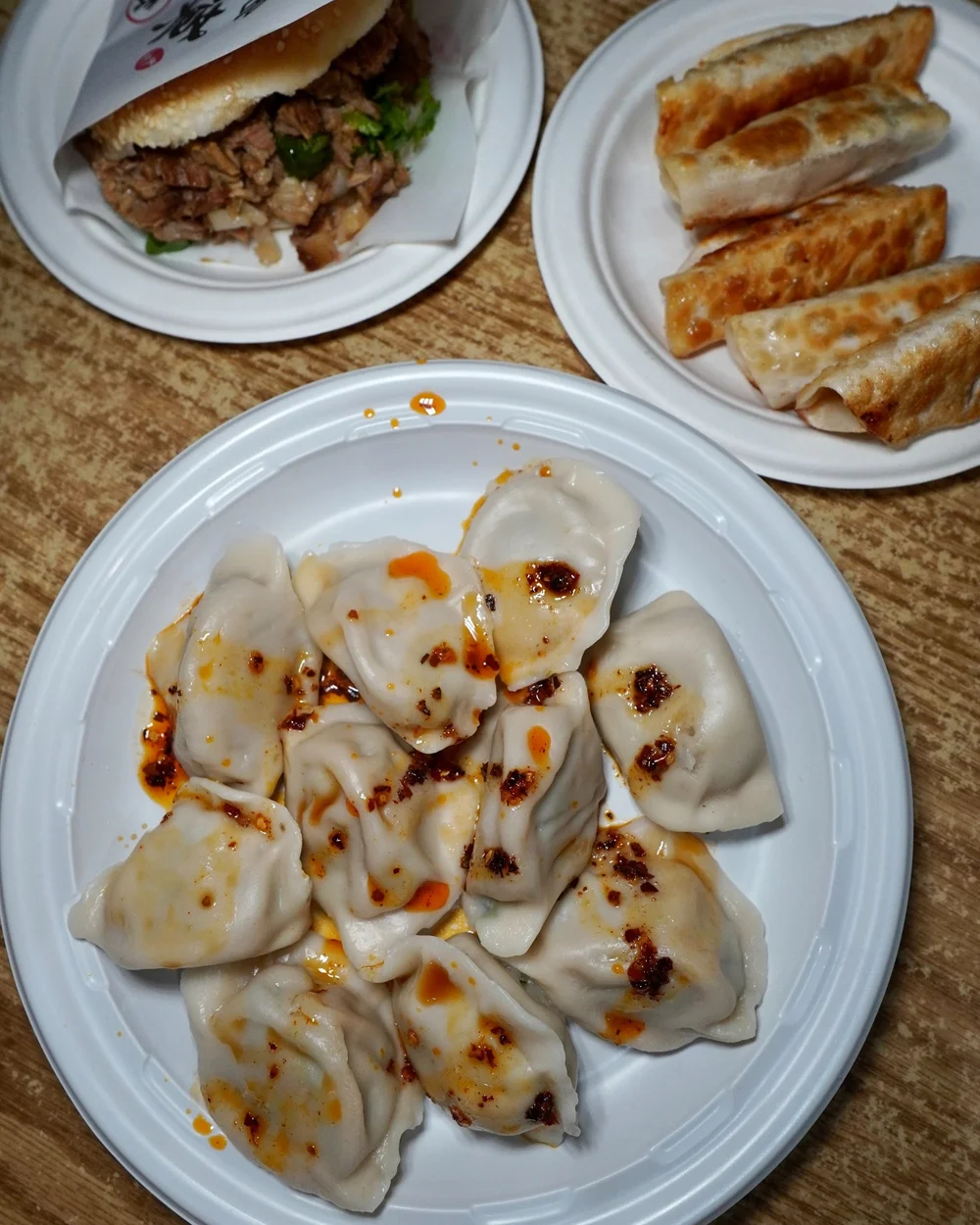 steamed & fried pork and chive dumplings, pork burger