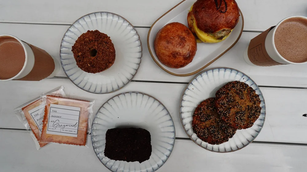 Pastry spread and oatmilk hot chocolate from The Bakery at Greywind