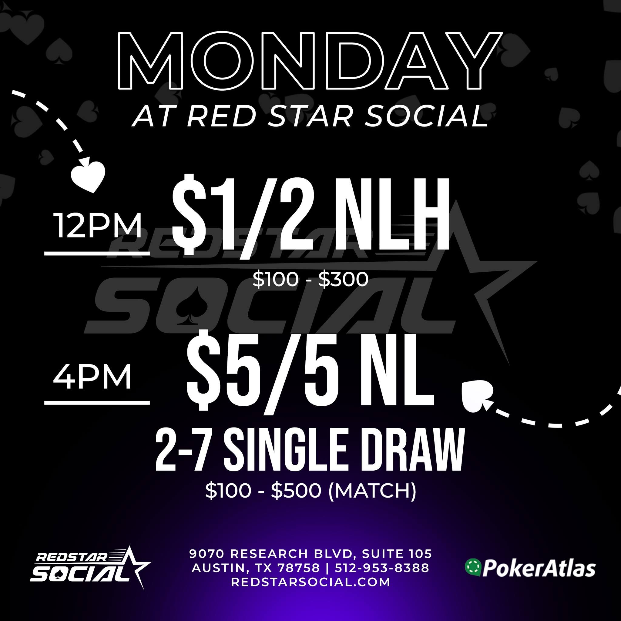 Spreading NLH and 2-7 Single Draw today. Doors open at noon.

&diams;️ 12pm: $1/2 NLH w/bomb pots $100 - $300 (Max)
&spades;️ 4pm: Monday $5/5 NL 2-7 Single Draw $100 - $500 (Match)

The exciting sweepstakes machines are in &quot;The Gameroom&quot;. 
