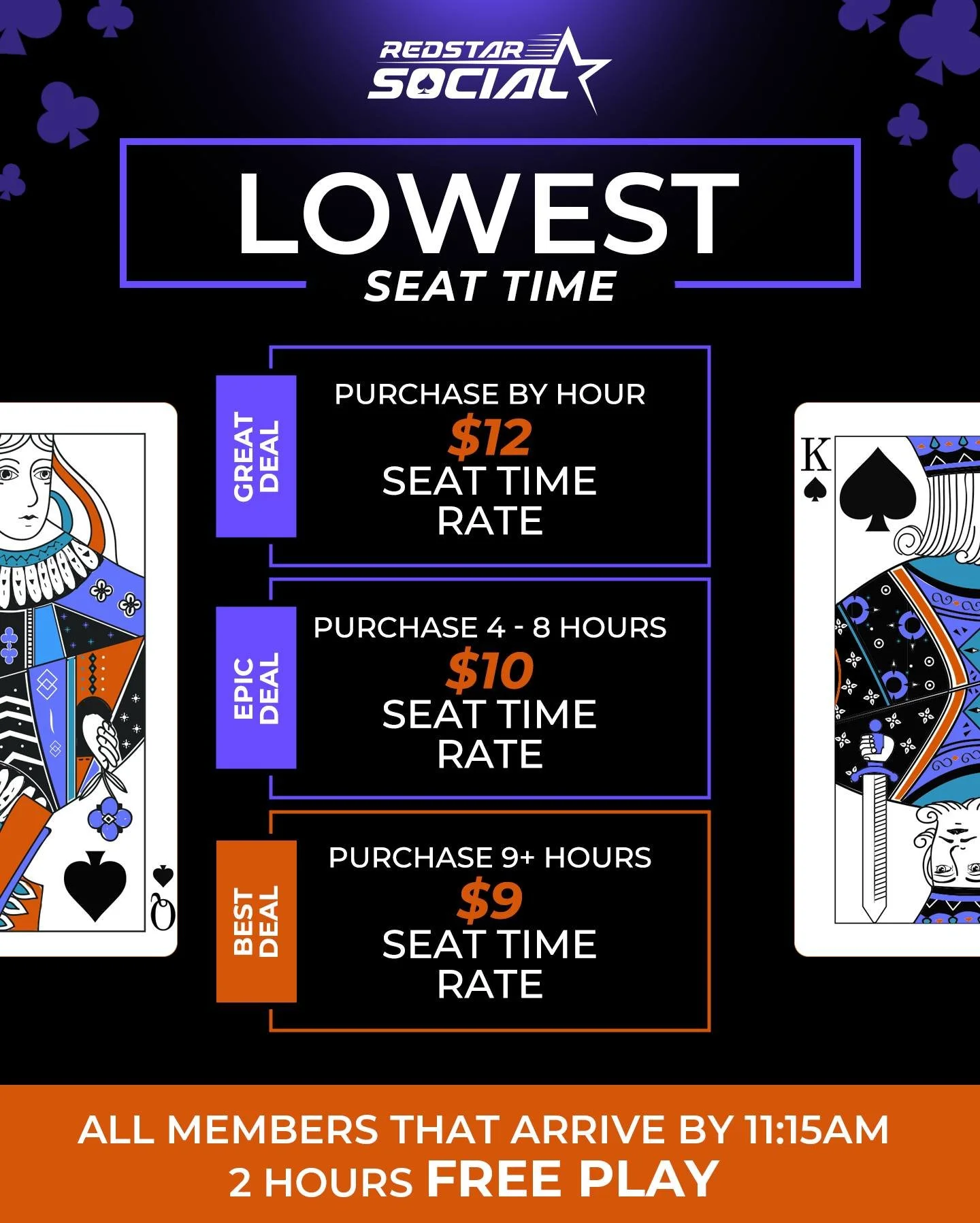 Only $𝟗/𝐇𝐑 when purchasing 9+ hours of seat time!

Members that arrive by 11:15am, get FREE seat fee for the first 2 hours. See you soon.