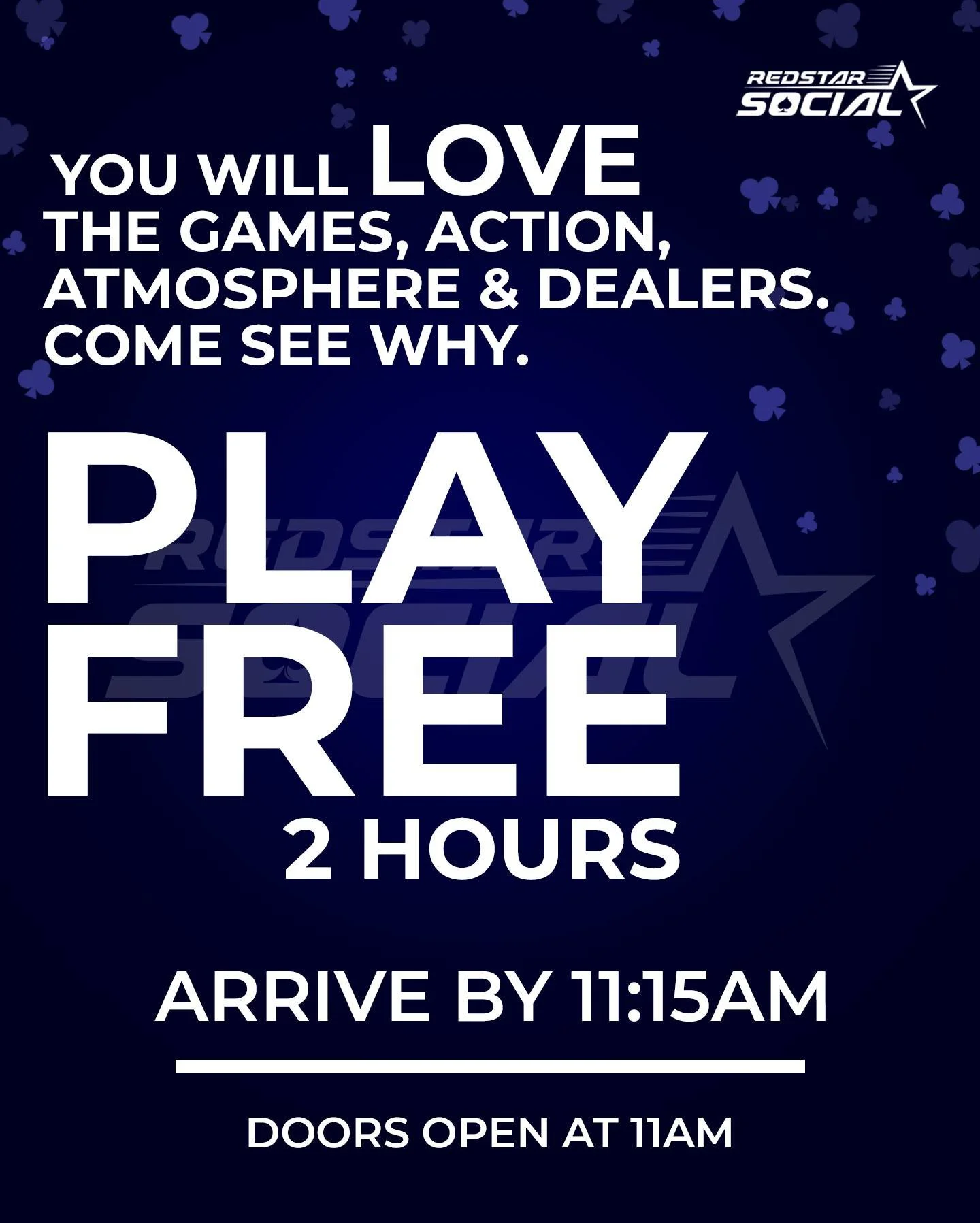 &clubs; So many reasons you will love playing at Red Star Social. 

Come enjoy playing No Limit Hold'em and our exciting sweepstakes machines. Something for everyone. 

Doors open at 11am daily.