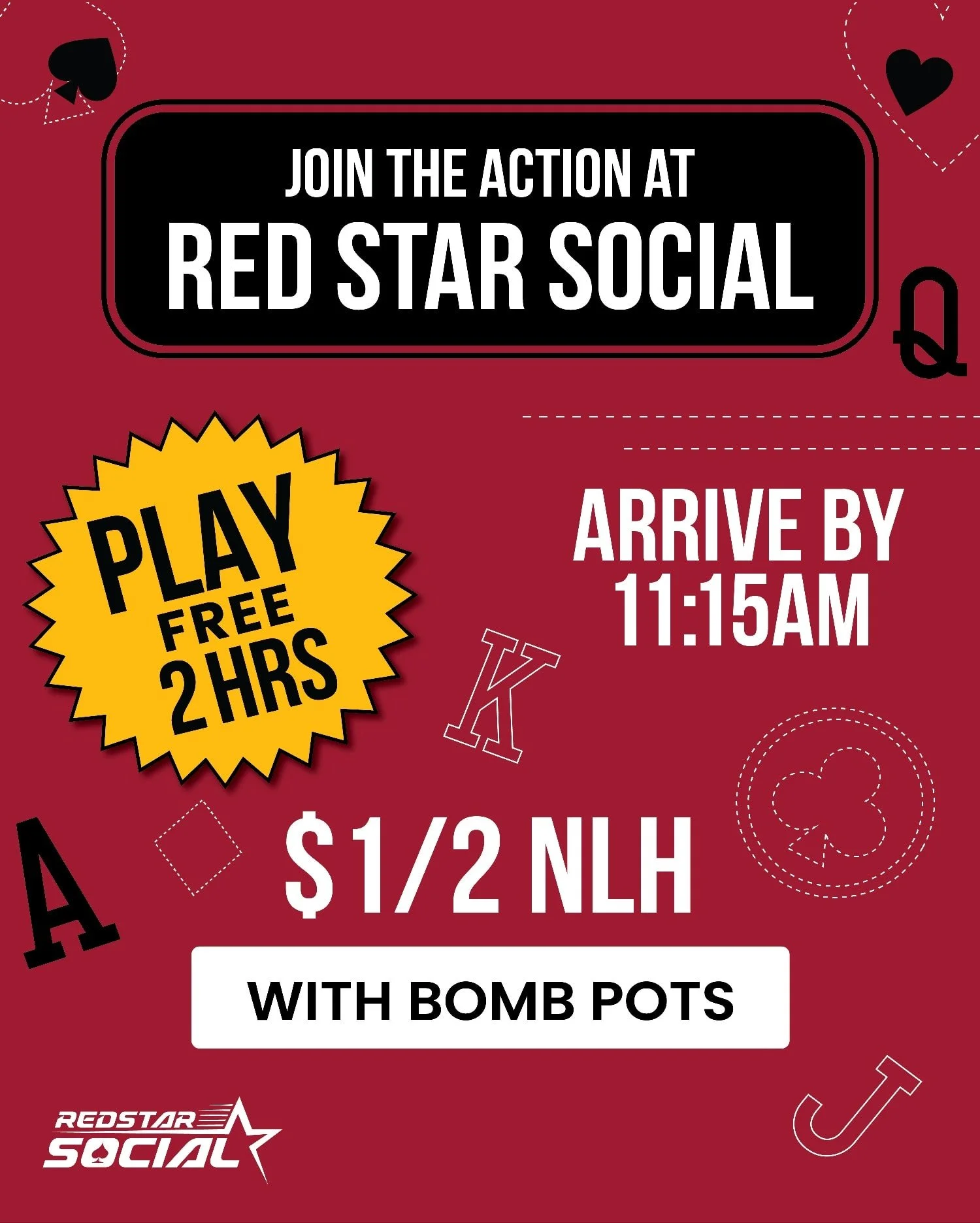 All members that arrive by 11:15am daily, play $1/2 NLH with 𝙗𝙤𝙢𝙗 𝙥𝙤𝙩𝙨  free for 2 hours -- no seat fee. See you soon.