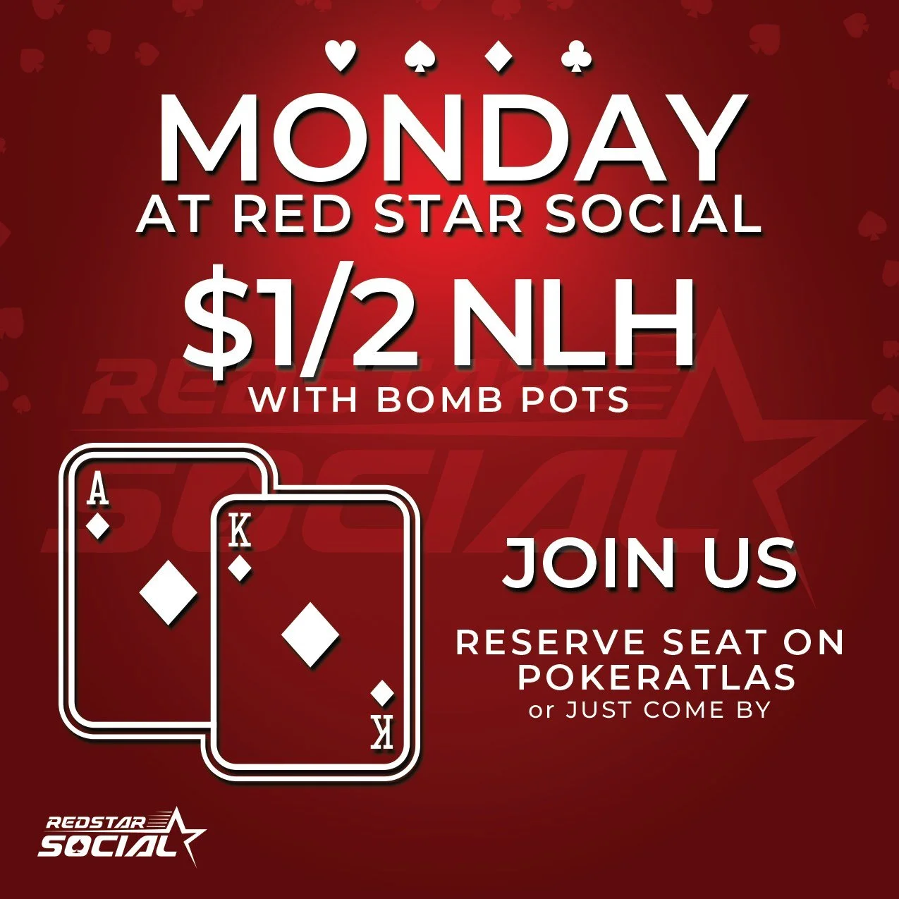 &clubs; 2 hours free seat time: Arrive by 11:15am. &clubs;

Doors open at 11am for $1/2 NLH w/bomb pots each orbit. Lock up your seat on PokerAtlas or just come by. 

We also spread other game variants with interest.