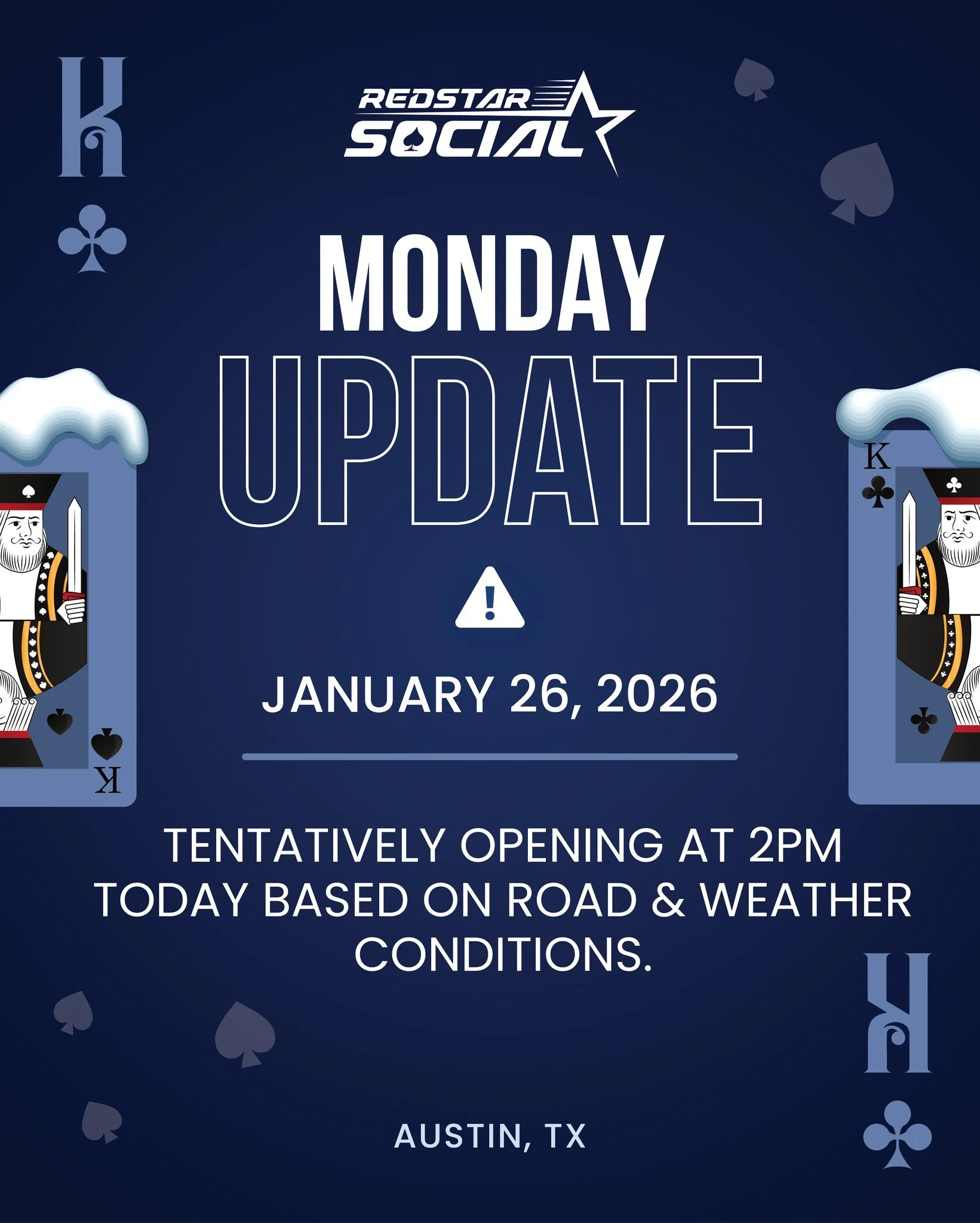 To keep our staff and members safe, we'll open at 2pm today if the roads and weather conditions are safe. 

Stay warm, safe and cozy up where you are. Keep an eye on our socials for updates -- we'll post as soon as we are back open. 

- The Red Star 