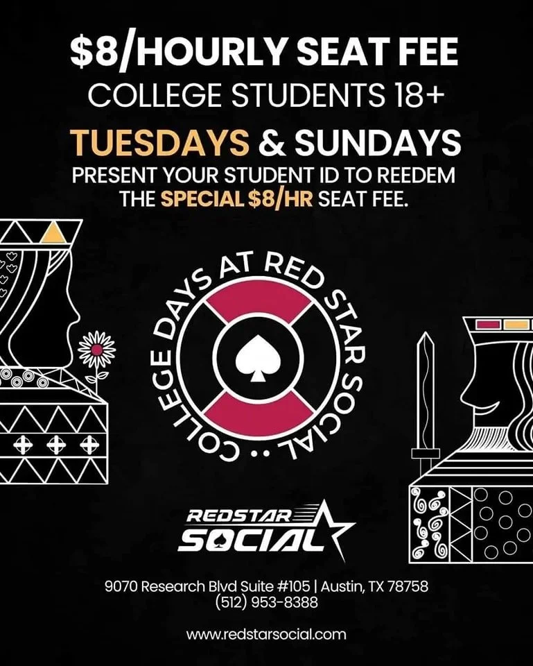 Doors open at 11am today. Arrive by 11:15pm and first 2 hours of seat time is 𝐅𝐑𝐄𝐄. 

+ Tuesdays &amp; Sundays, college students play for only $8/hr seat fee with a student ID. Grab your friends and relax playing NLH.