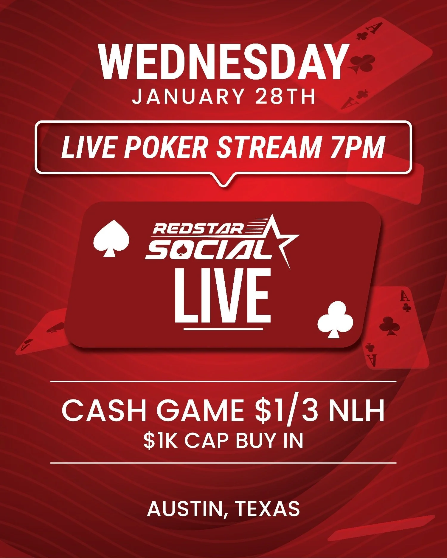 🔥 Tune in this evening for the Live Stream Wednesday $1/3 NLH Cash Game Stream at 7pm CST! 
 
🔗 Link in bio.

📍Austin, Texas