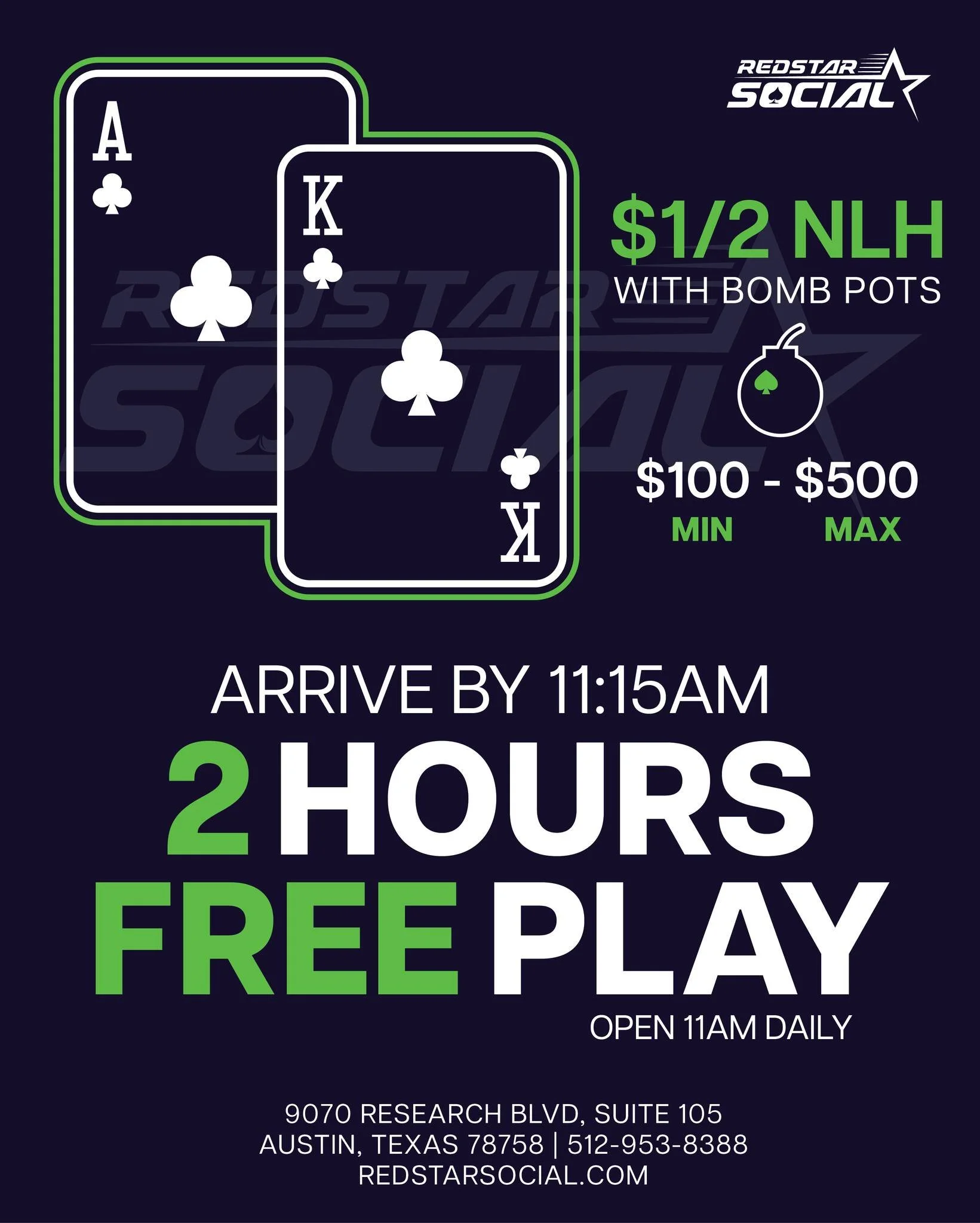 Weekend Poker is in the cards!

Members that arrive by 11:15am get first 2 hours of seat time FREE. Doors open at 11am.