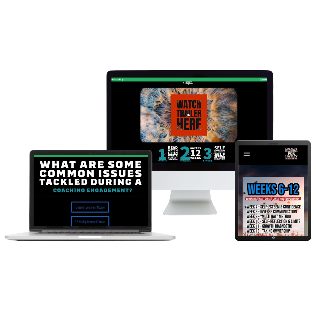 Digital devices displaying online coaching content, including a trailer, list of common issues in coaching, and a course outline for weeks 6-12. Shown on a laptop, desktop, and tablet.