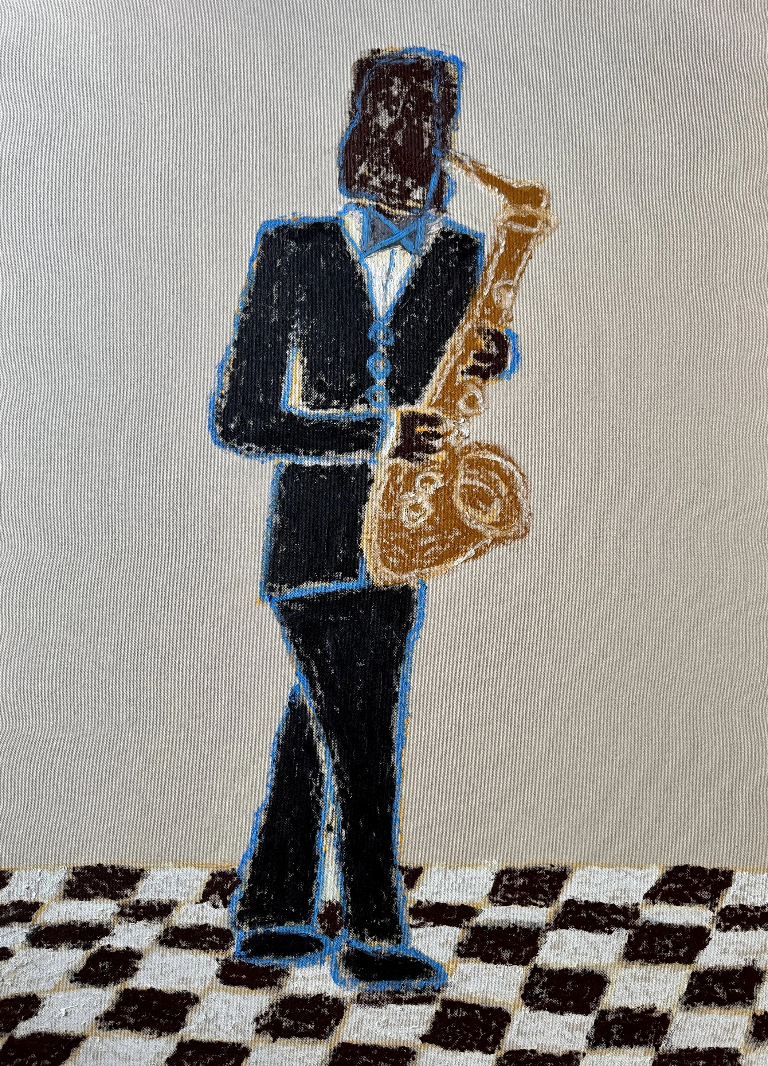 (SOLD) sax-spiller, 100 x 70 cm, oil on raw canvas