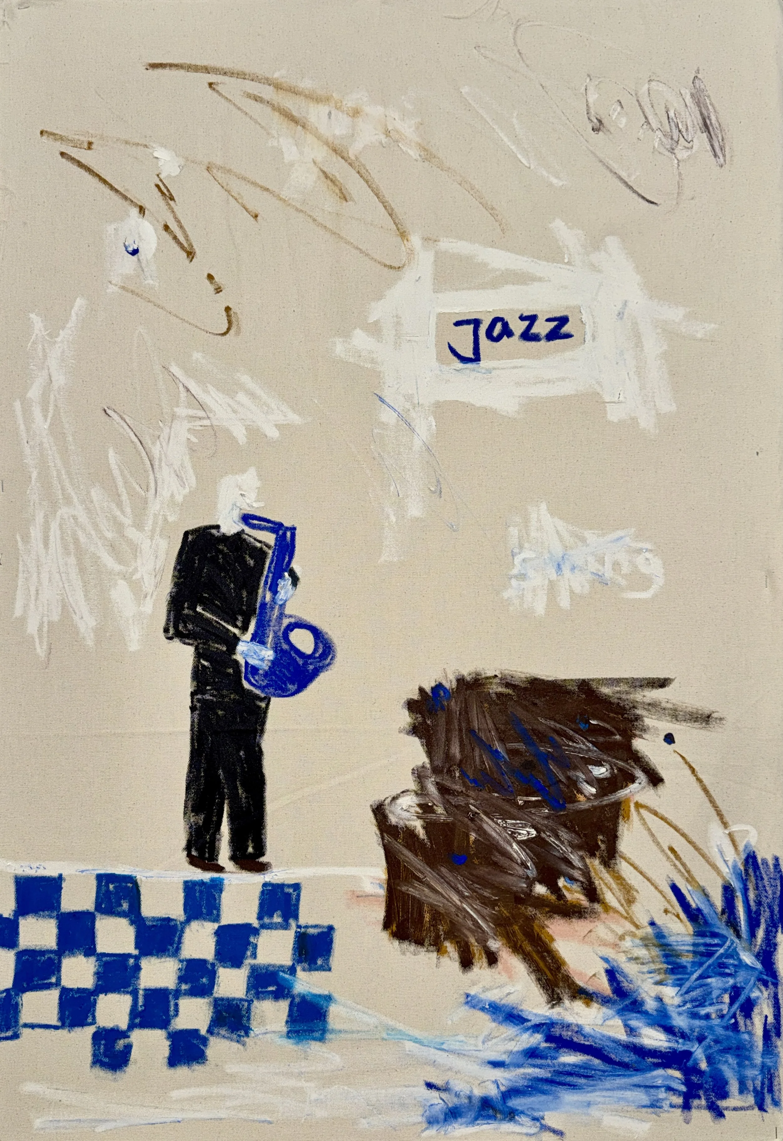 (SOLD) sax solo, 100 x 75 cm, oil on raw canvas