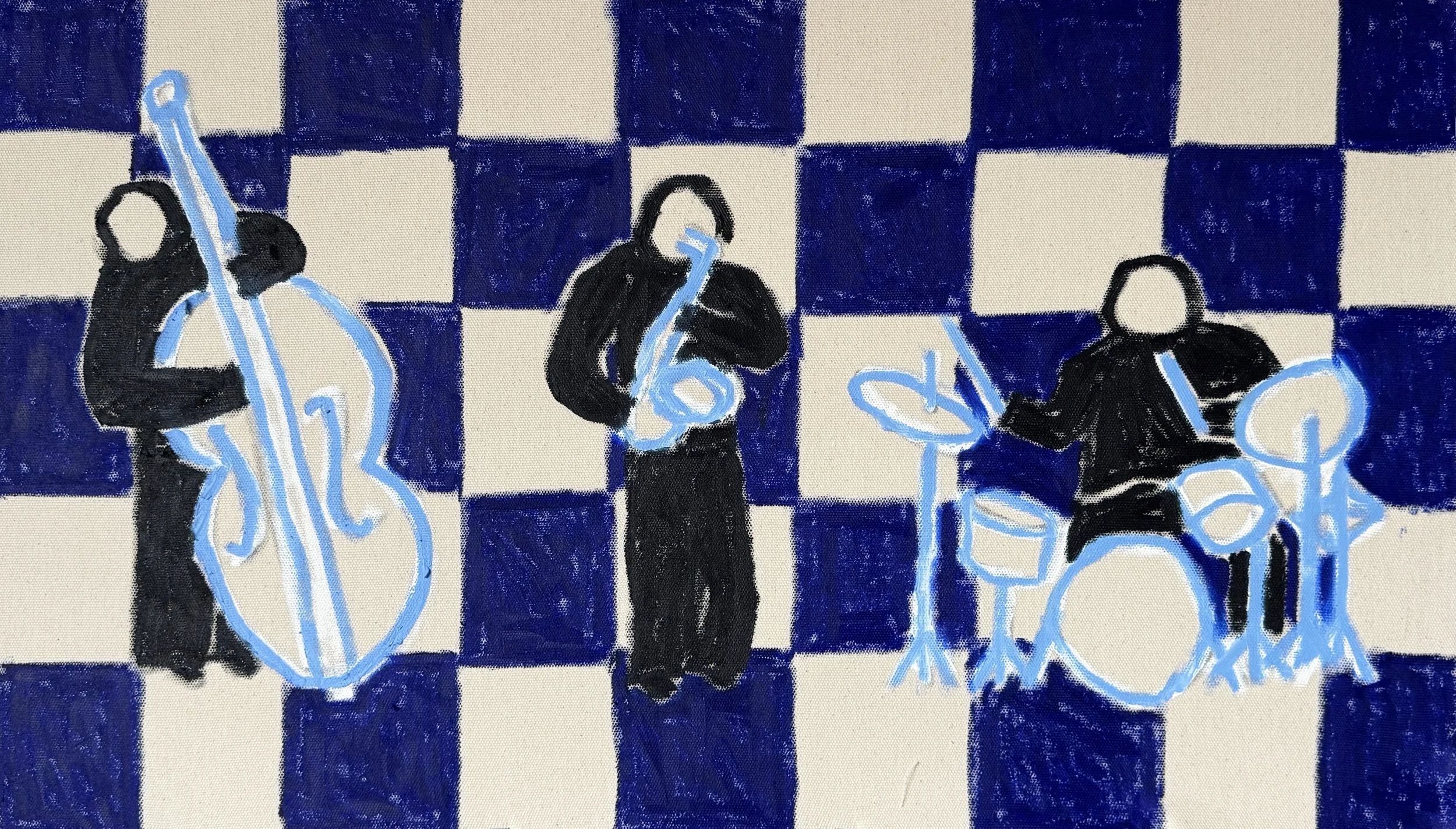 blue trio, 43 x 74 cm, oil on raw canvas
