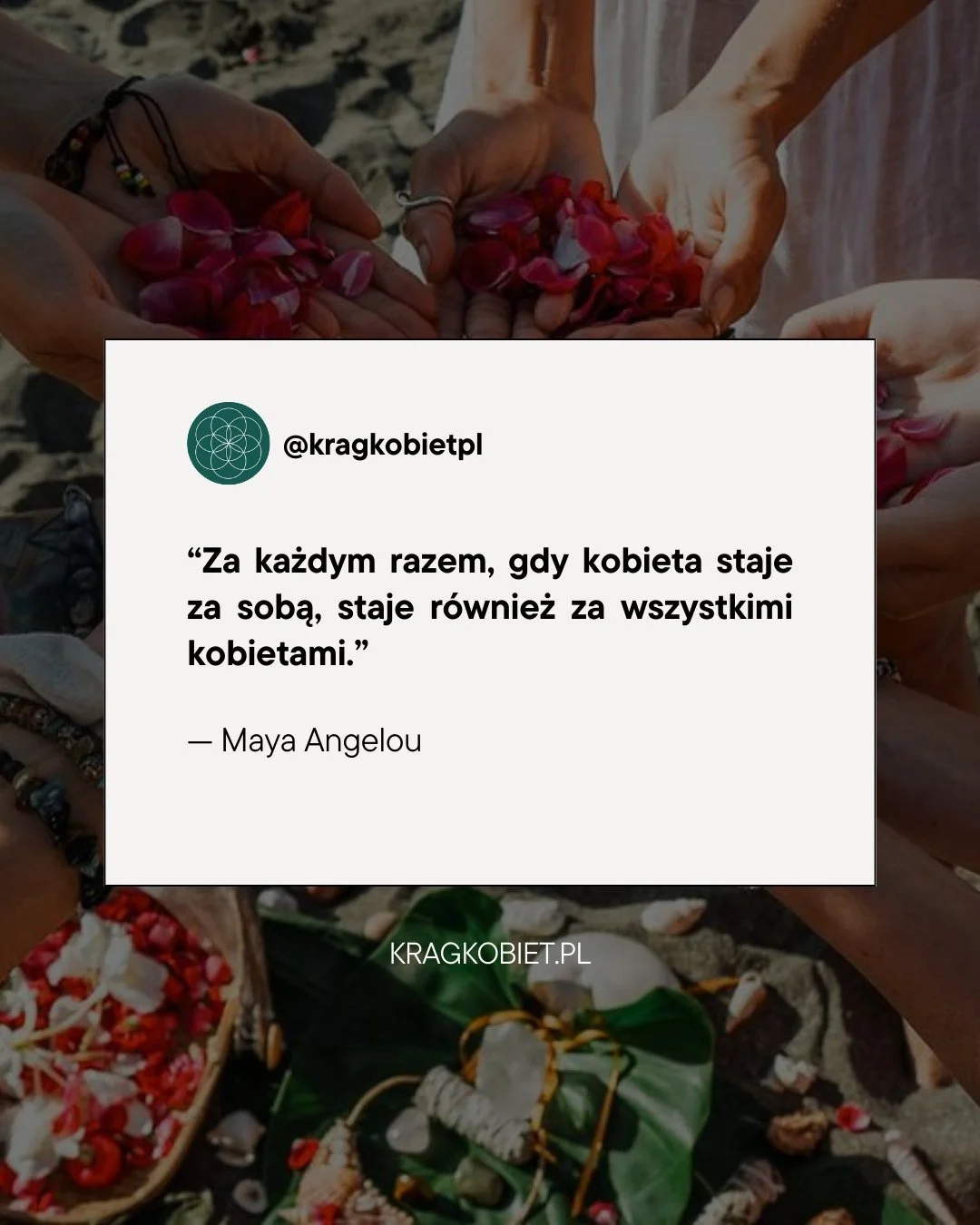 &bdquo;Za każdym razem, gdy kobieta staje za sobą, staje r&oacute;wnież za wszystkimi kobietami.&rdquo;
 Maya Angelou**

Twoja odwaga wzmacnia kolejne pokolenia kobiet.
 Kiedy ostatnio stanęłaś za sobą naprawdę?

@kragkobietpl

Krąg Kobiet &bull; Spo