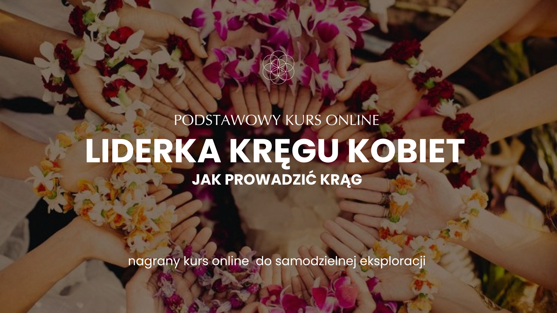 Course title slide with purple background, white text, and geometric design elements. The text reads 'Podstawowy Kurs Online Liderka Kręgu Kobiet Jak Prowadzić Krąg nagrania do samodzielnej eksploracji.'