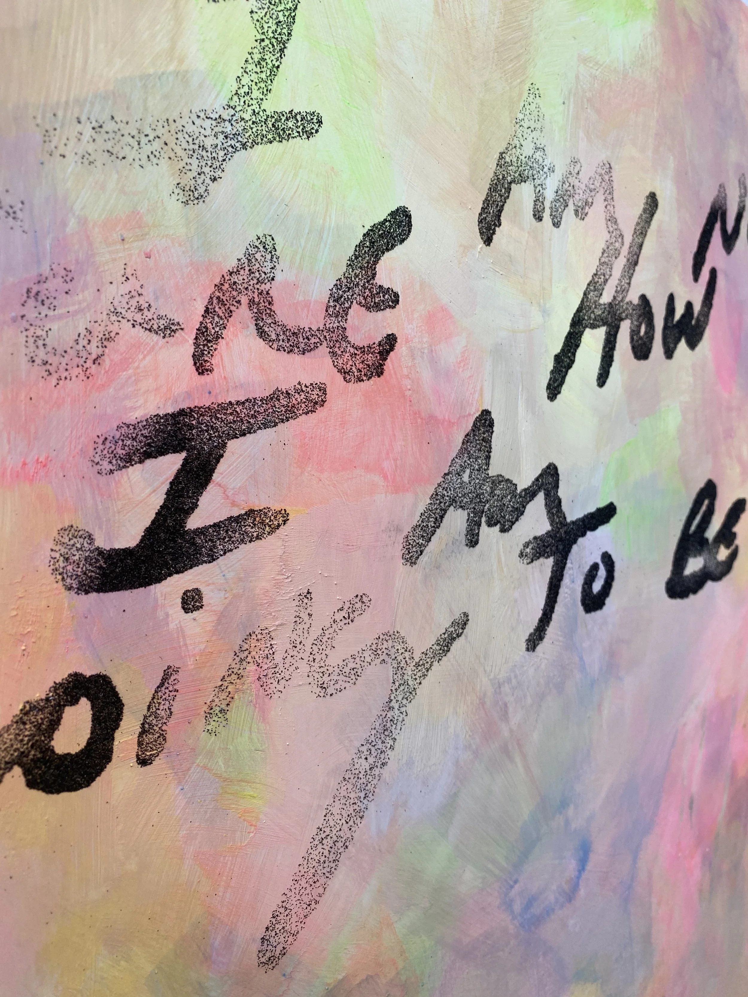 Detail shot of  I Am Not Sure How Long I Am Going to Be Here , 2021, Acrylic, silkscreen with iron ore on panel, 18 x 18  in.