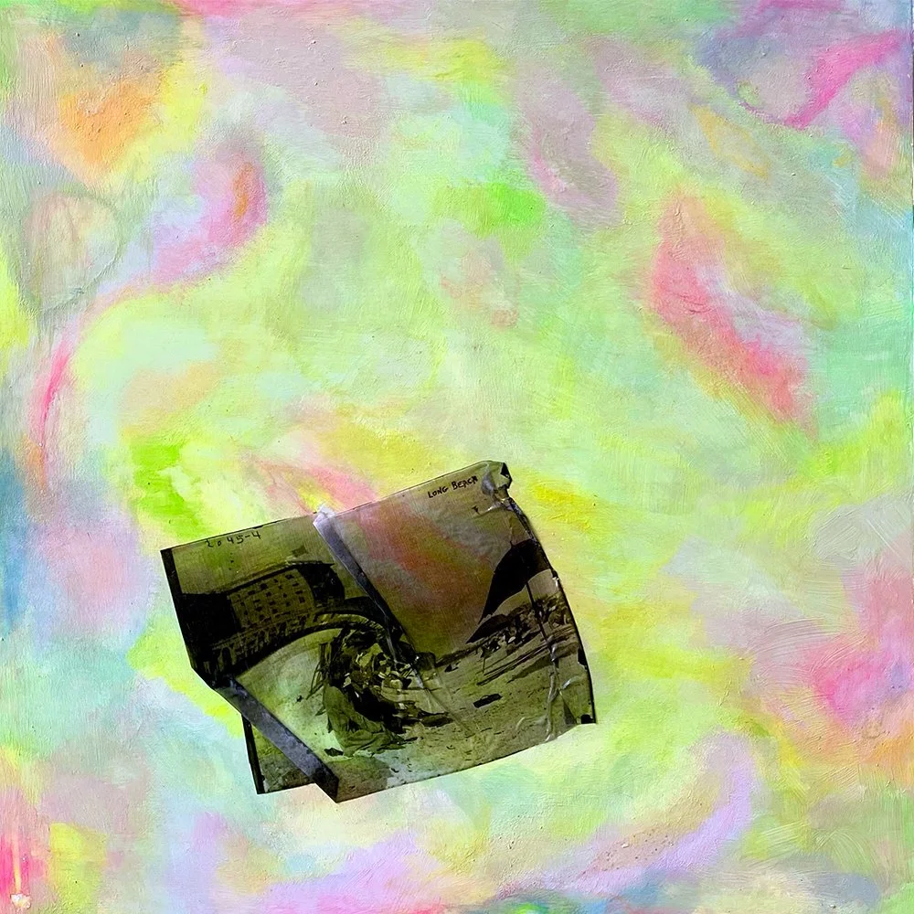  Wave of Mutilation , 2021, Acrylic,  glitter and gel transfer on wood panel, 18 x 18  in.