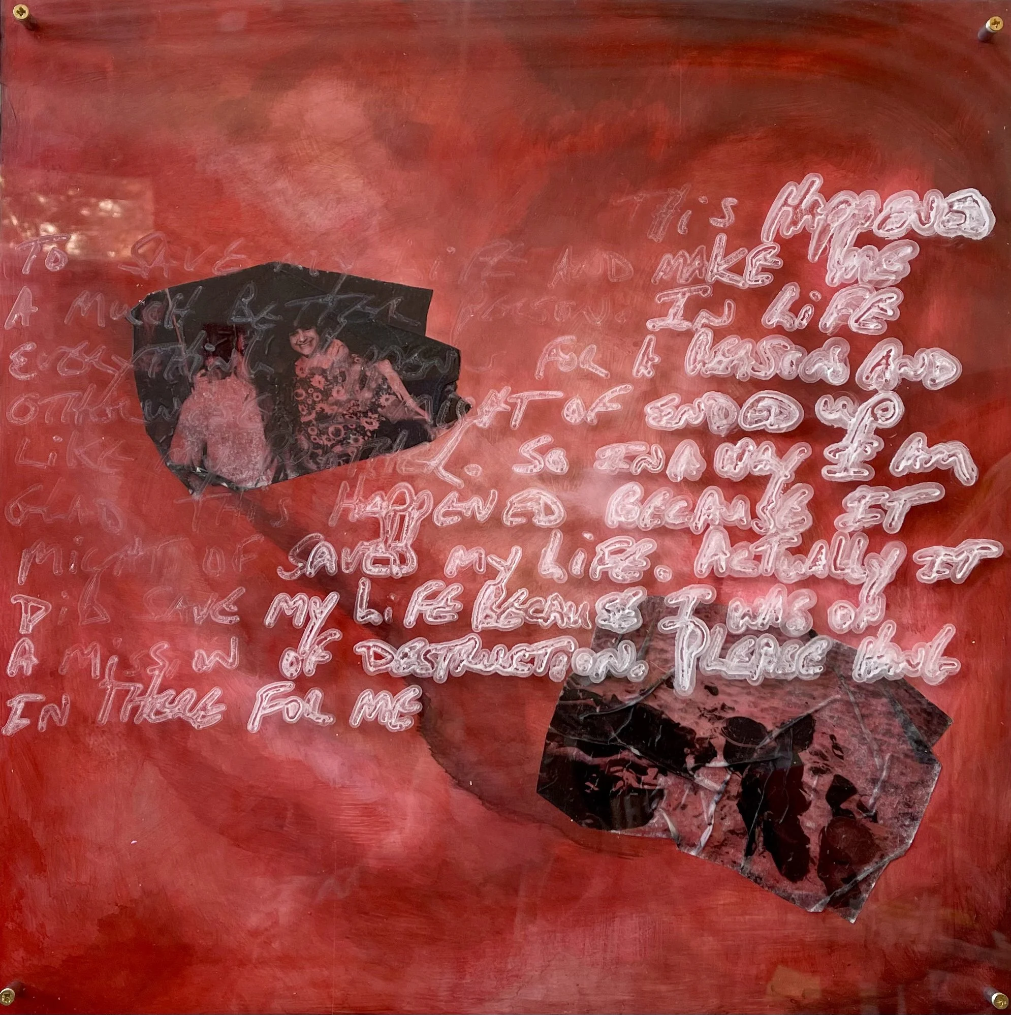  This Happened to Save My Life , 2021, Acrylic and gel transfer on panel, CNC engraving on plexiglass, 18 x 18  in.