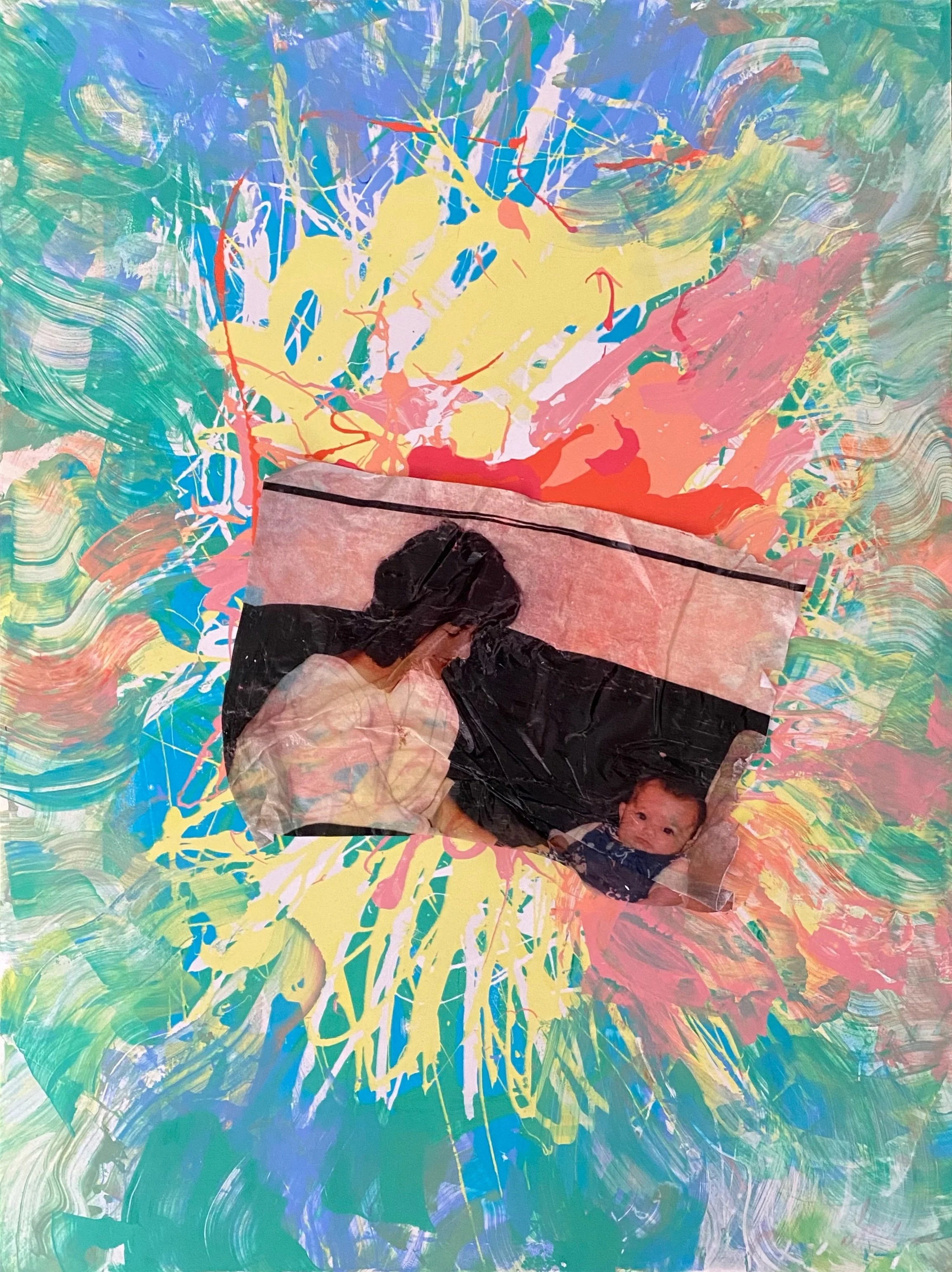  Infant Reflux , 2021, Silkscreen and gel transfer on wood panel, 18 x 24  in.