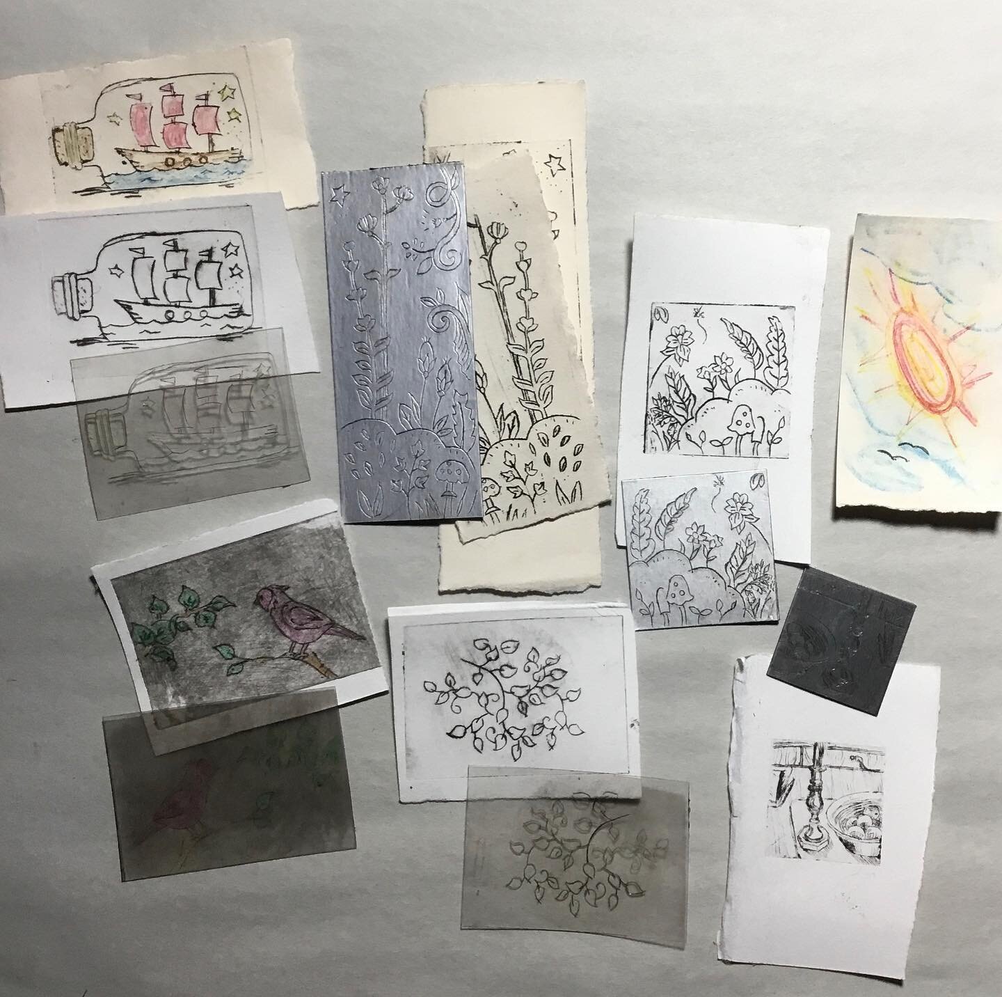 A selection of dry point prints drawn on Tetrapak, plastic produce packaging, and a small piece of aluminum, printed on a Sizzix Sidekick die cutter. Experimenting with alternative, &ldquo;printmaking at home&rdquo; techniques. There is also a small 