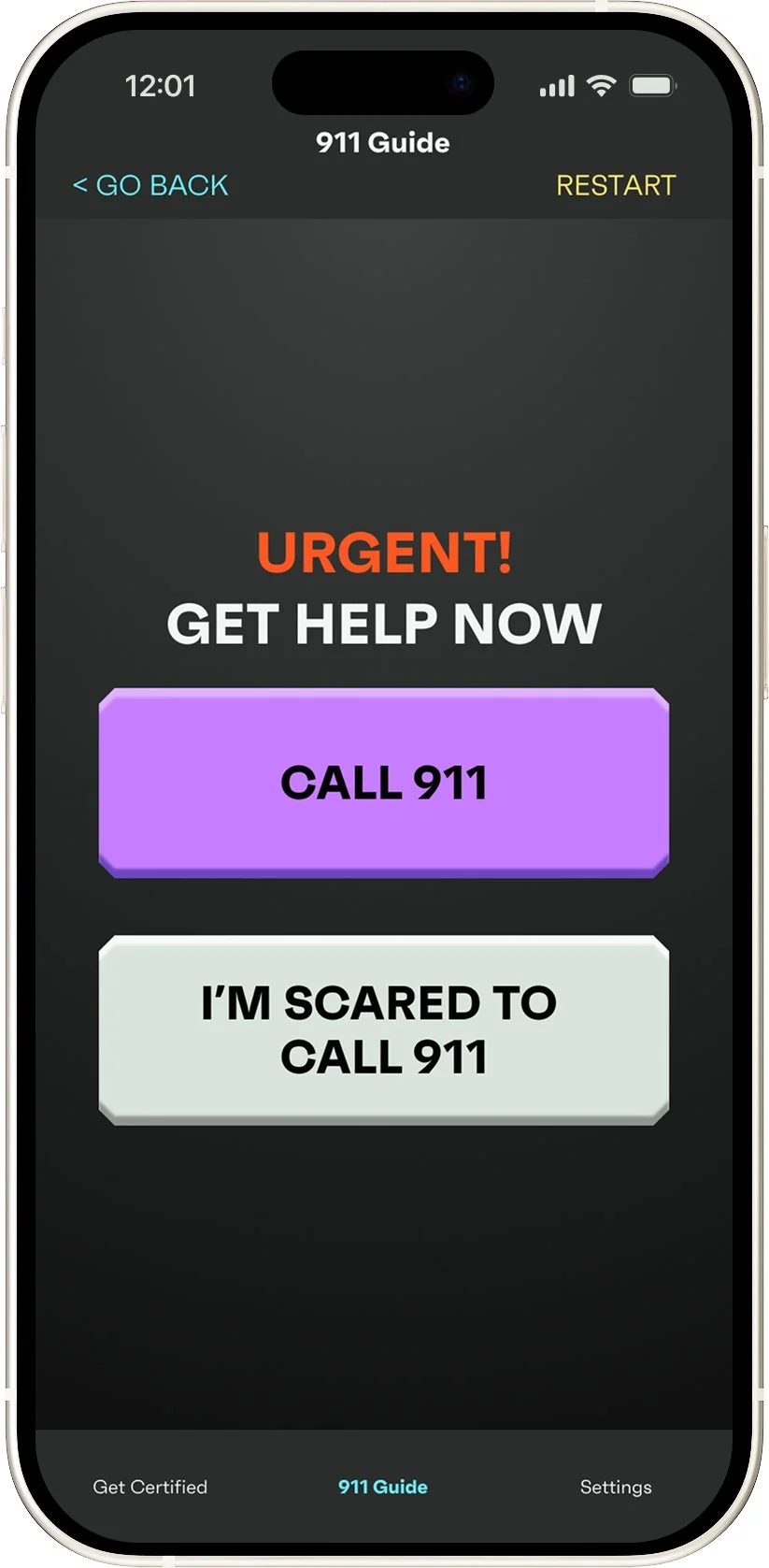 SaveMyFriend overdose emergency screen displaying 'Urgent! Get Help Now' with Call 911 (green) and I'm Scared to Call 911 (purple) buttons