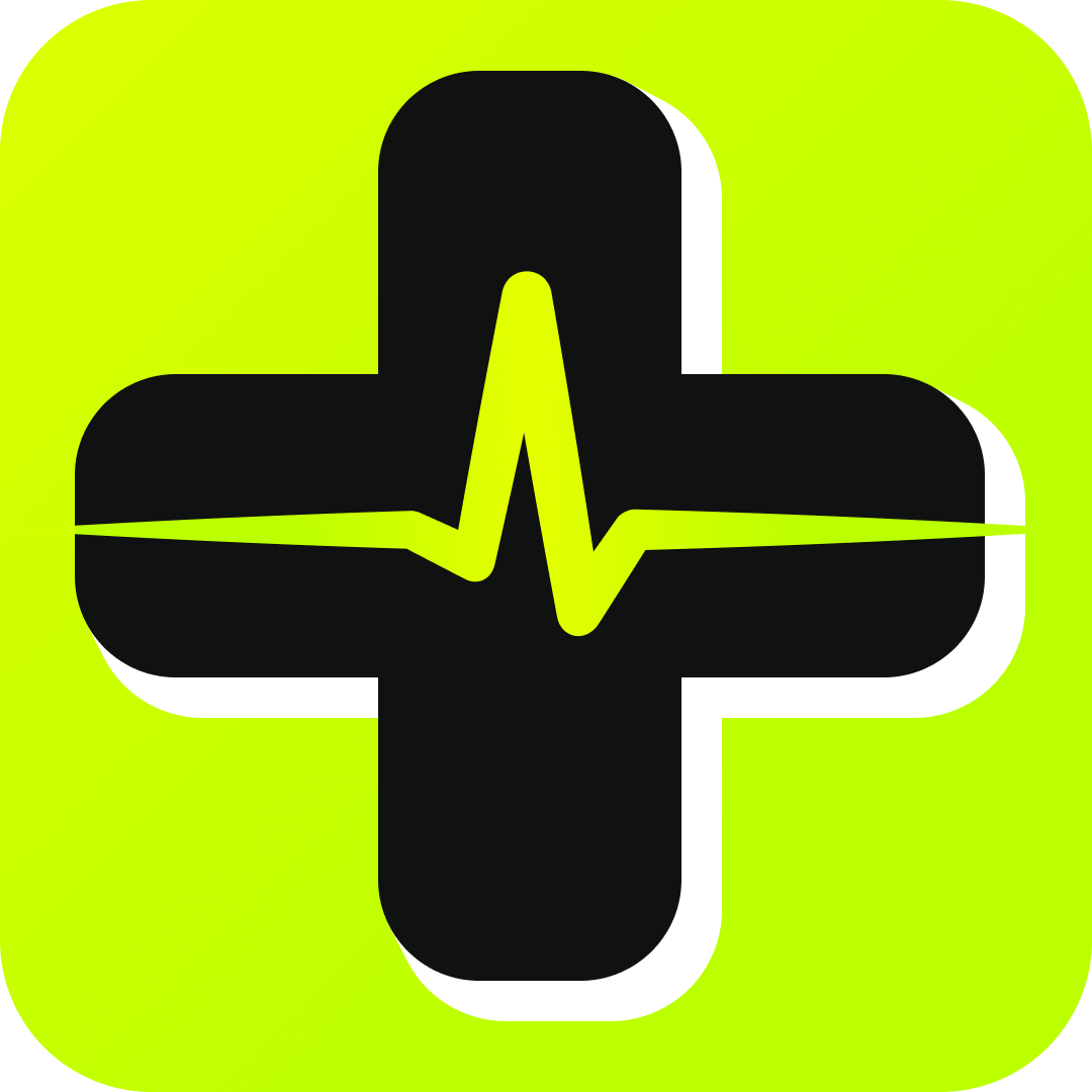 Image of the Save My Friend app icon, which shows a black medical cross with a neon green heartbeat running through it, on top of a neon yellow-green background