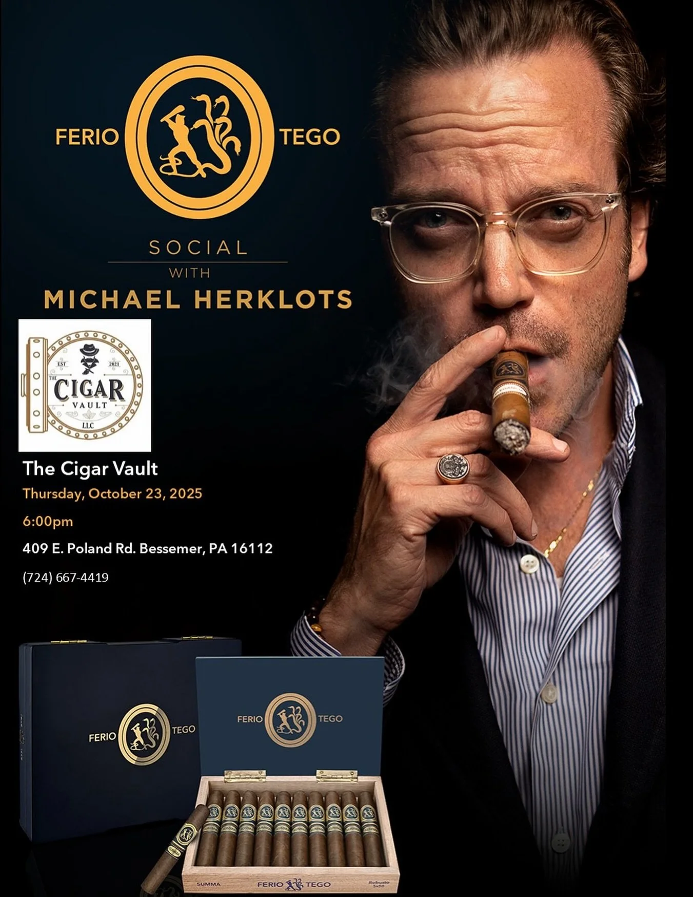 The Cigar Vault
Thursday, October 23, 2025 
6:00pm
409 E. Poland Rd. Bessemer, PA 16112
(724) 667-4419