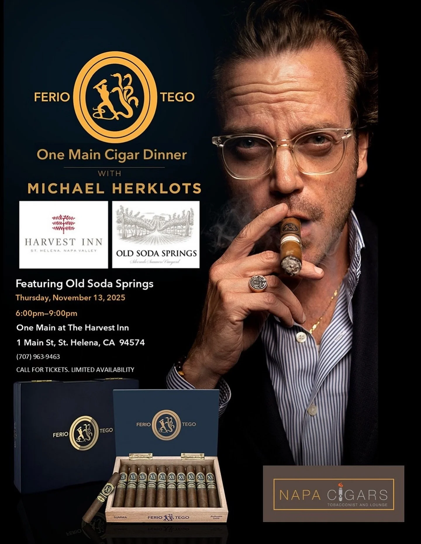 Season Finale One Main Cigar Dinner
St. Helena, CA
Featuring @michaelherklots of Ferio Tego 
Wines by @oldsodaspringswinery 
Thursday, November 13
6:00pm
LIMITED TICKETS LEFT. 
@napacigars