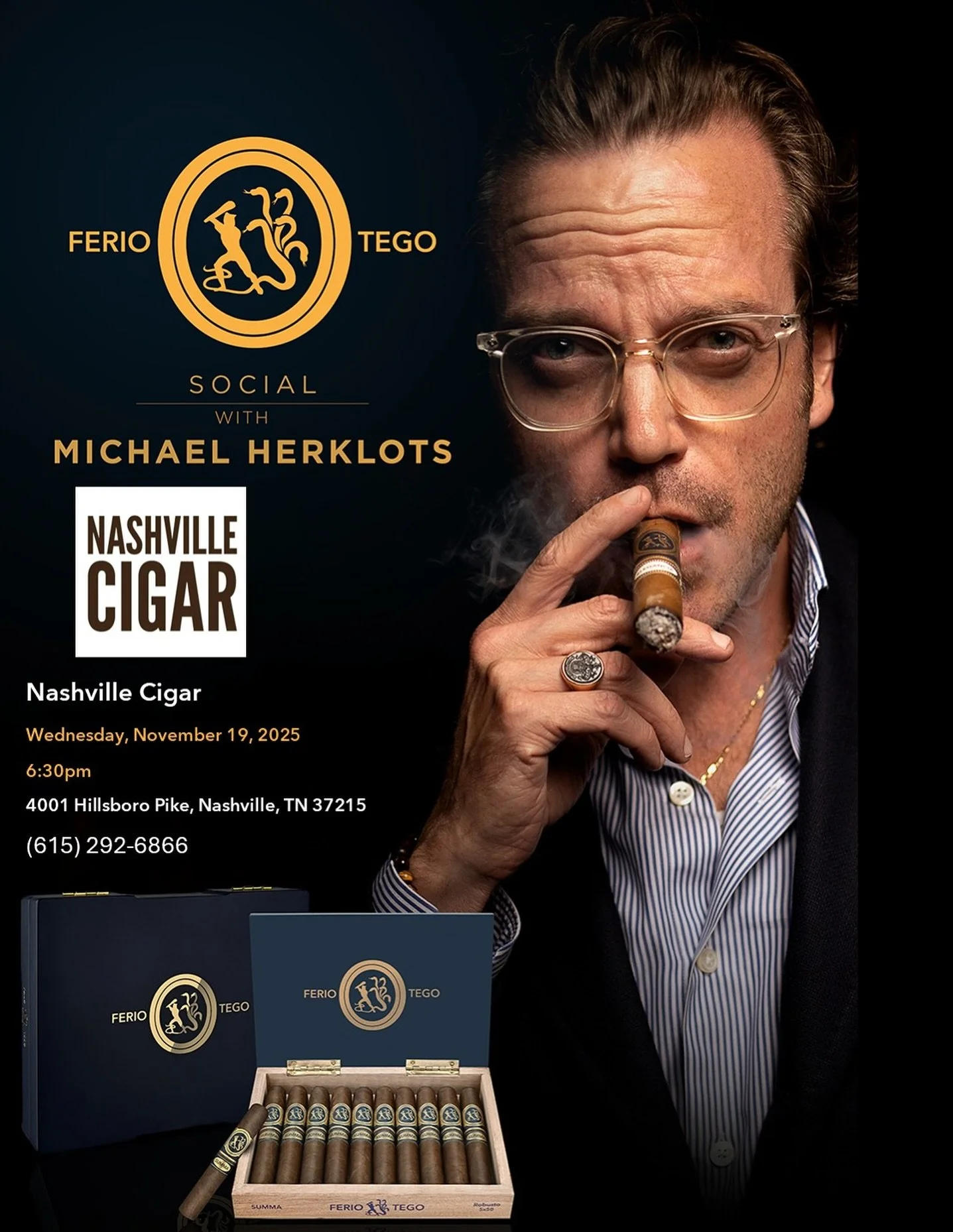 Nashville Cigar
Wednesday, November 19, 2025 6:30pm
4001 Hillsboro Pike, Nashville, TN 37215
(615) 292-6866