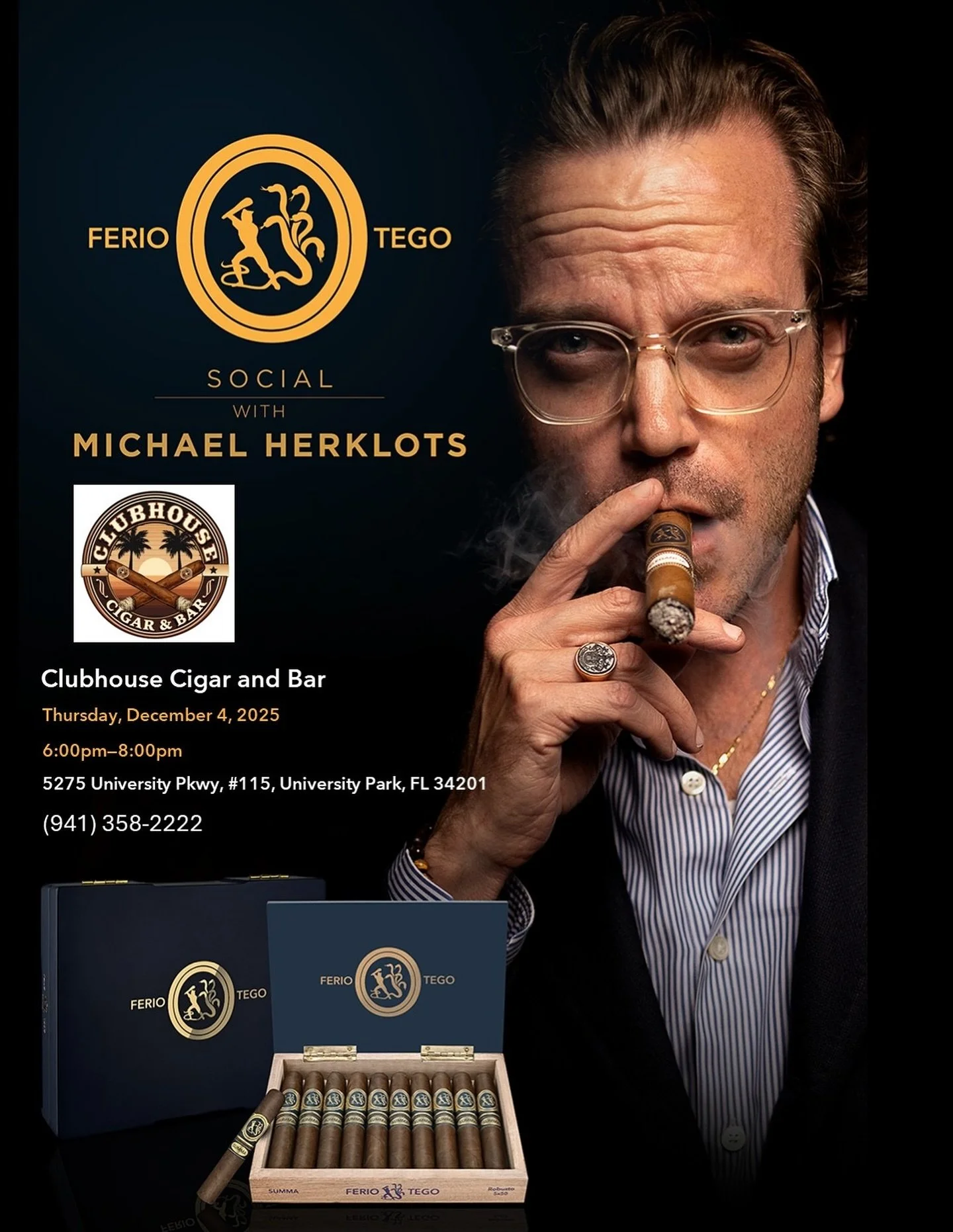 Clubhouse Cigar and Bar
Thursday, December 4, 2025 6:00pm-8:00pm
5275 University Pkwy, #115, University Park, FL 34201
(941) 358-2222