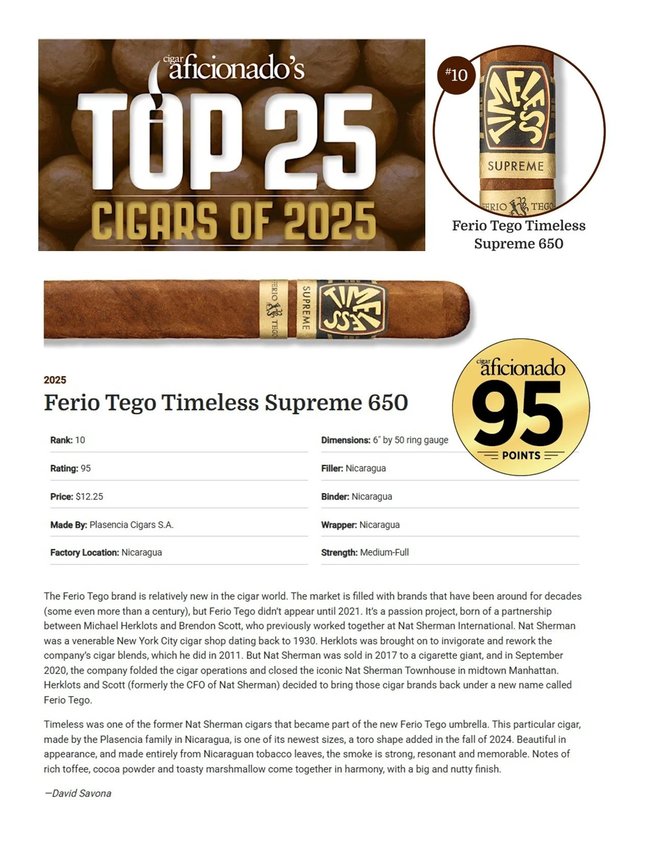 #10 Cigar of the Year by Cigar Aficionado| Ferio Tego Timeless Supreme