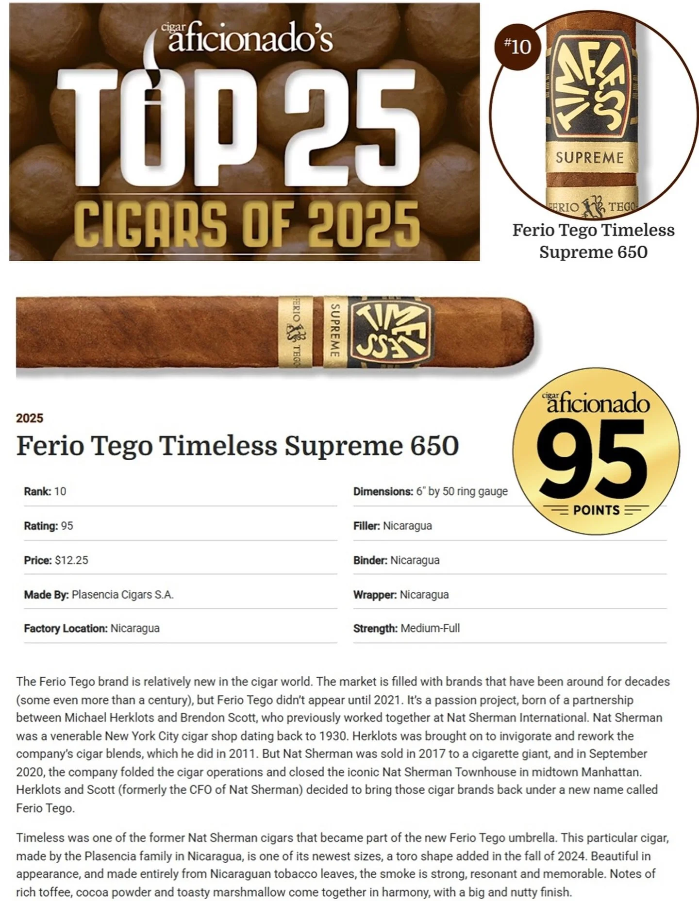 Ferio Tego Timeless Supreme #10 cigar of the year by @cigaraficionado 

We are so grateful to be recognized on this list! Thank you @plasenciacigars
