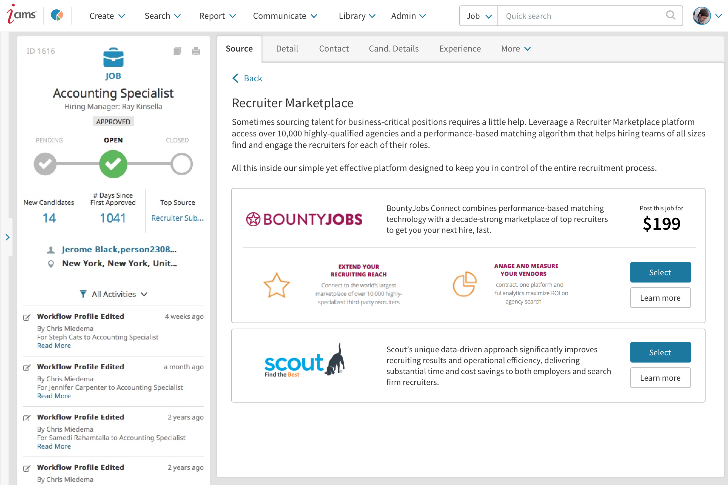 2. User is prompted to select from one of the available recruitment firms integrated via the recruitment marketplace.