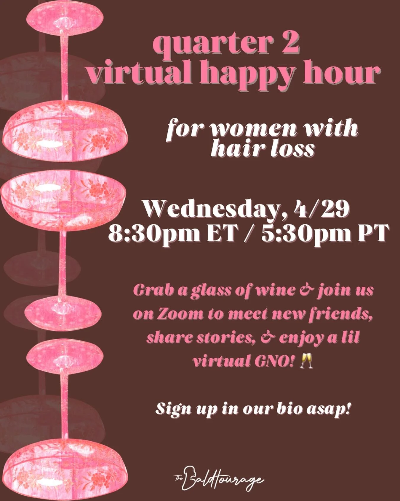 LADIES🥂😏✨🥰💞
We are so back for another fun virtual Happy Hour next week!🍷🥂

Pour a glass of wine &amp; join us on Zoom to make new friends, share stories, &amp; enjoy a lil virtual GNO!😉

You don&rsquo;t wanna miss this!!!!🌟

This is for wome