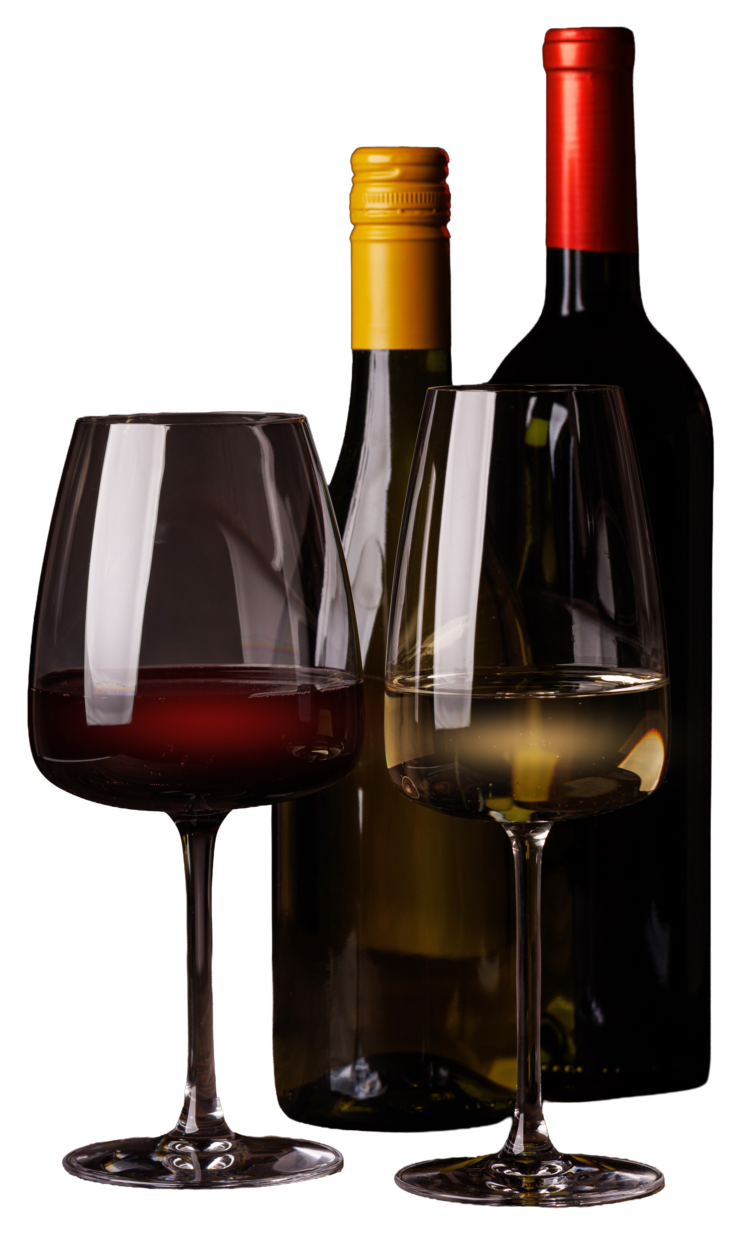 Red and white wine in glasses next to bottles