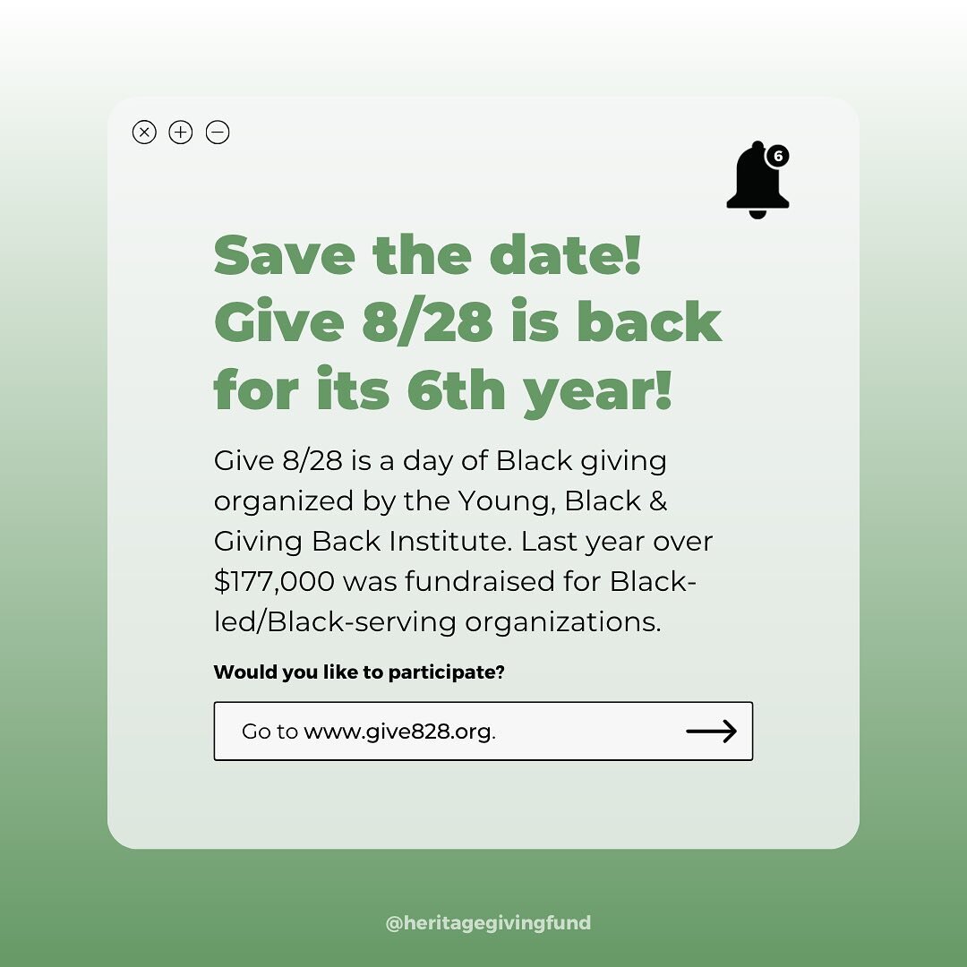 Mark your calendars for Give 8/28, a day of Black giving organized by the Young, Black &amp; Giving Back Institute (@ybgb_institute)! This annual event takes place on August 28th to celebrate the end of Black Philanthropy Month with a day-long giving