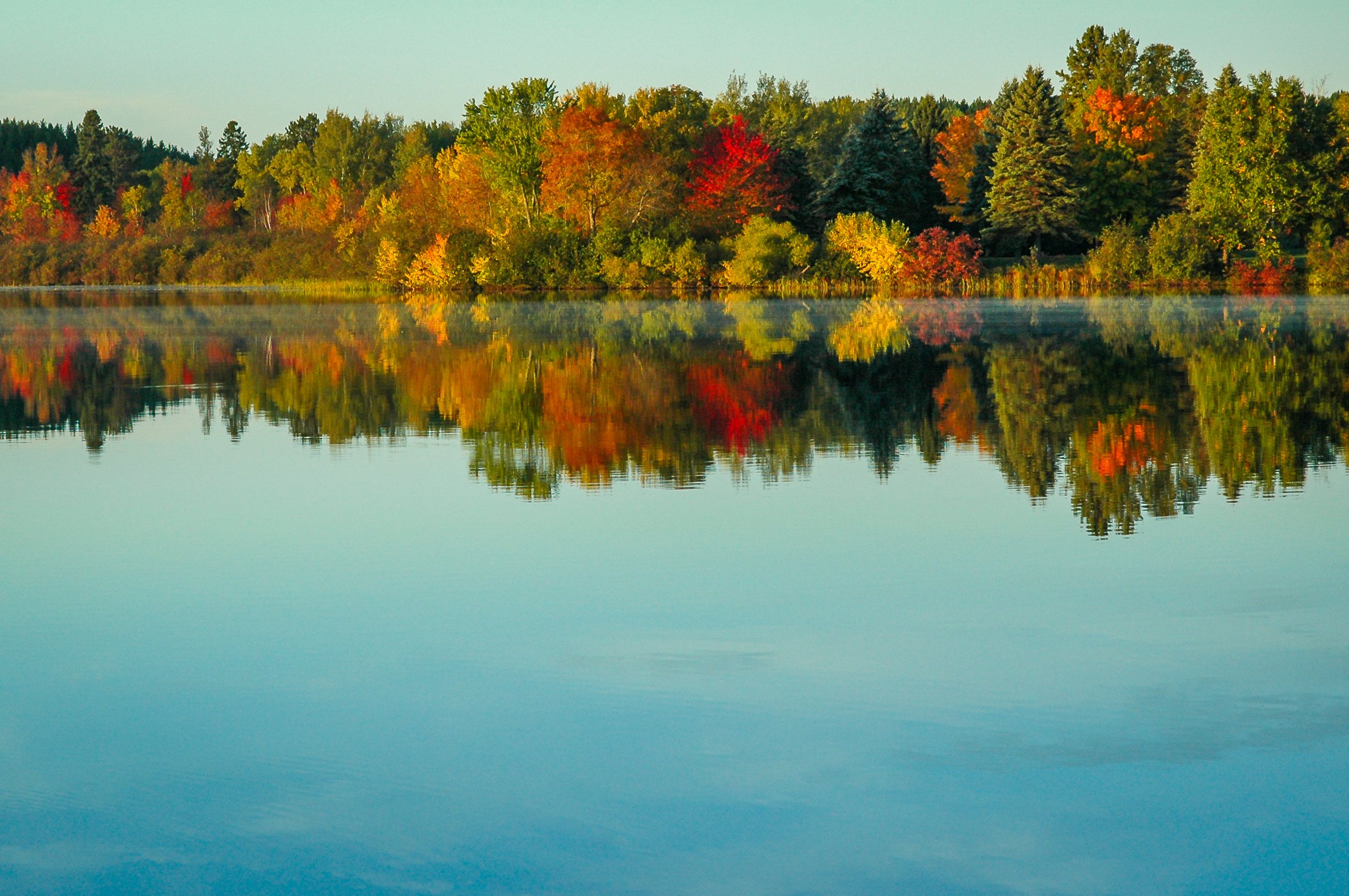 Autumn fall foliage colors reflecting on the calm waters of Dale Hollow Lake in the Upper Cumberland