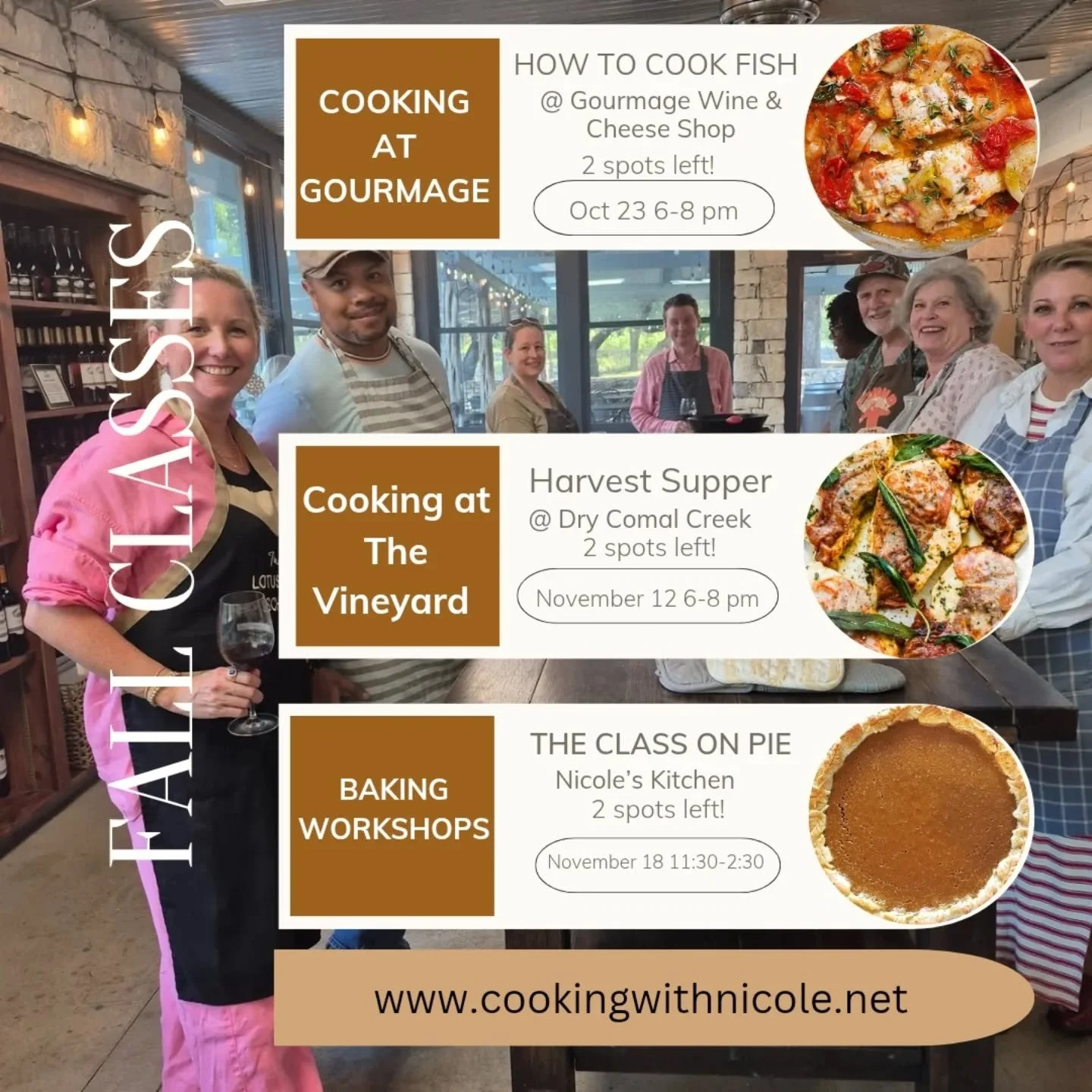 Looking for a fun date night or love to bake? We've got a few spots left in these fabulous Fall classes~join us and see what everyone raves about! Details on our website👩&zwj;🍳🤎🧡💛👨&zwj;🍳