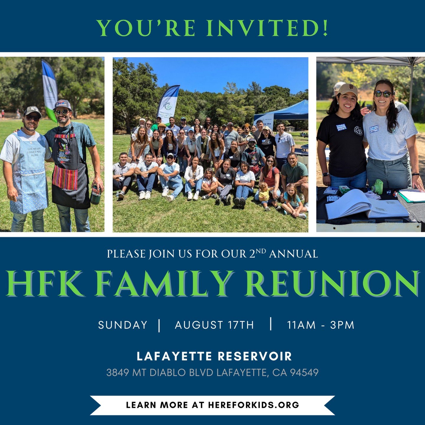 It's almost here... our 2nd annual HFK Family Reunion - and you're invited! ππ
Join us in the Small Picnic Area at the Lafayette Reservoir on Sunday, August 17th! π
Come enjoy a light lunch and play lawn games with your fellow HFK friends and fa