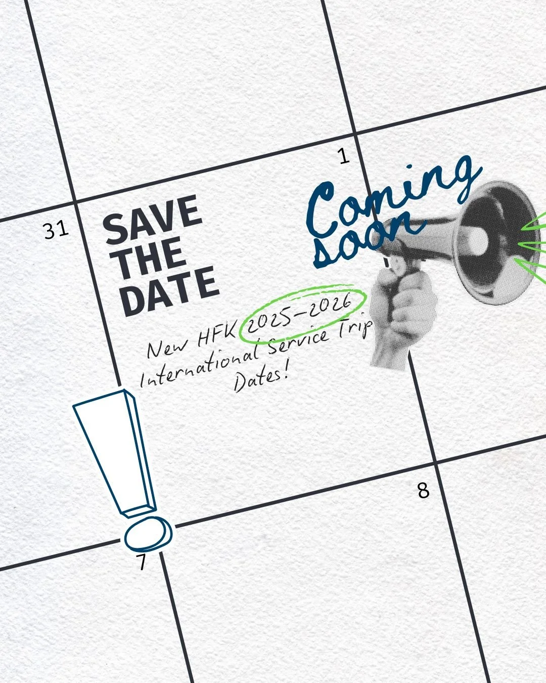 Save the date: Nov 1! ποΈ 
This is the day the HFK 2025–2026 International Service Trip dates will be announced! Where will we see you next? π