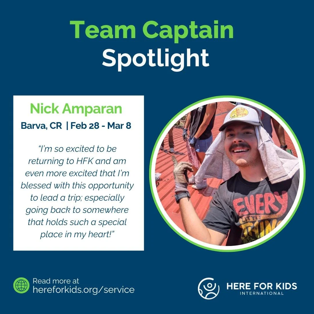 Team Captain Spotlight: Nick Amparan 🌟

We&rsquo;re excited to have Nick serving as Team Captain for our upcoming service trip to Costa Rica! Nick served there last year and is returning with a heart to lead and a passion for the community. As Team 
