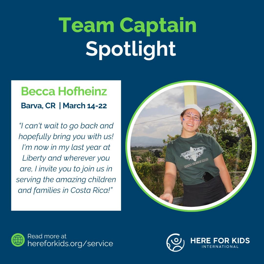 Meet this Team Captain: Becca Hofheinz 🌟

Costa Rica has been part of Becca&rsquo;s spring break story since 2023, and 2026 will mark her third year serving with HFK. What started as a first trip quickly became a passion as she returned year after y
