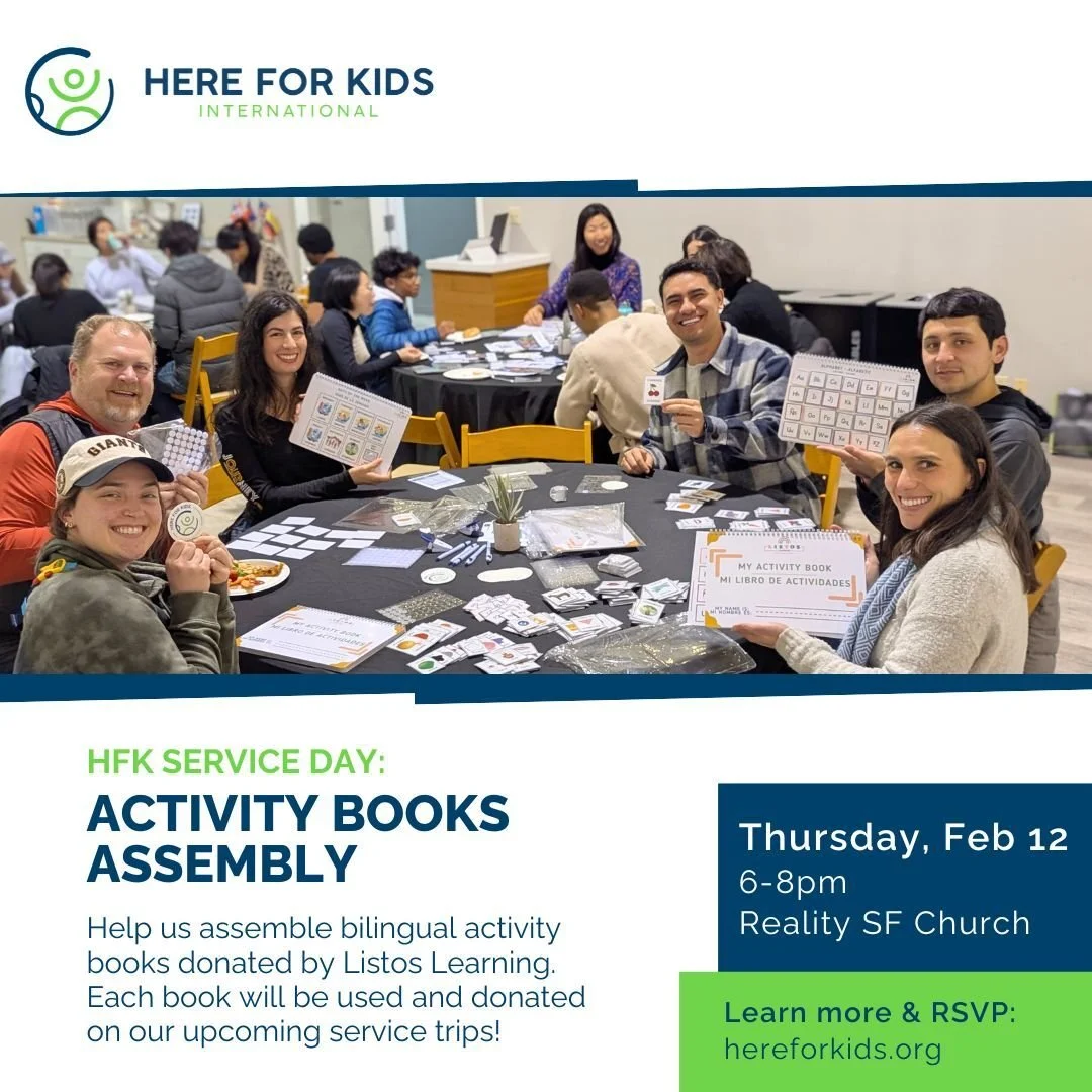 Serve with us by helping assemble bilingual Activity Books that were donated by HFK alumni-led organization - @ListosLearning! 🙏

We'll be taking these Activity Books on each of our International Service Trips and donating them to our partners after