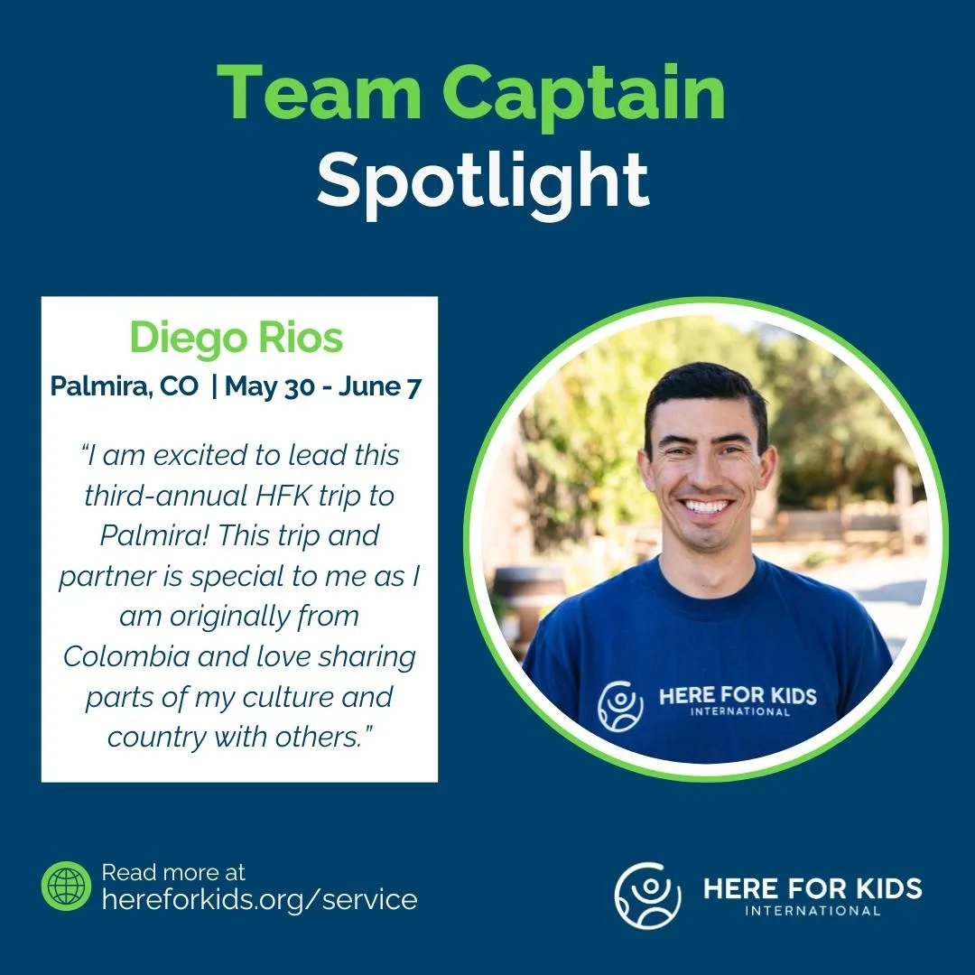 Meet This Team Captain: Diego Rios 🌟

Diego has been part of Here For Kids since 2015, and the mission has shaped both his personal and professional life. His passions align closely with HFK&rsquo;s focus on kids, sports, Latin America, travel, and 
