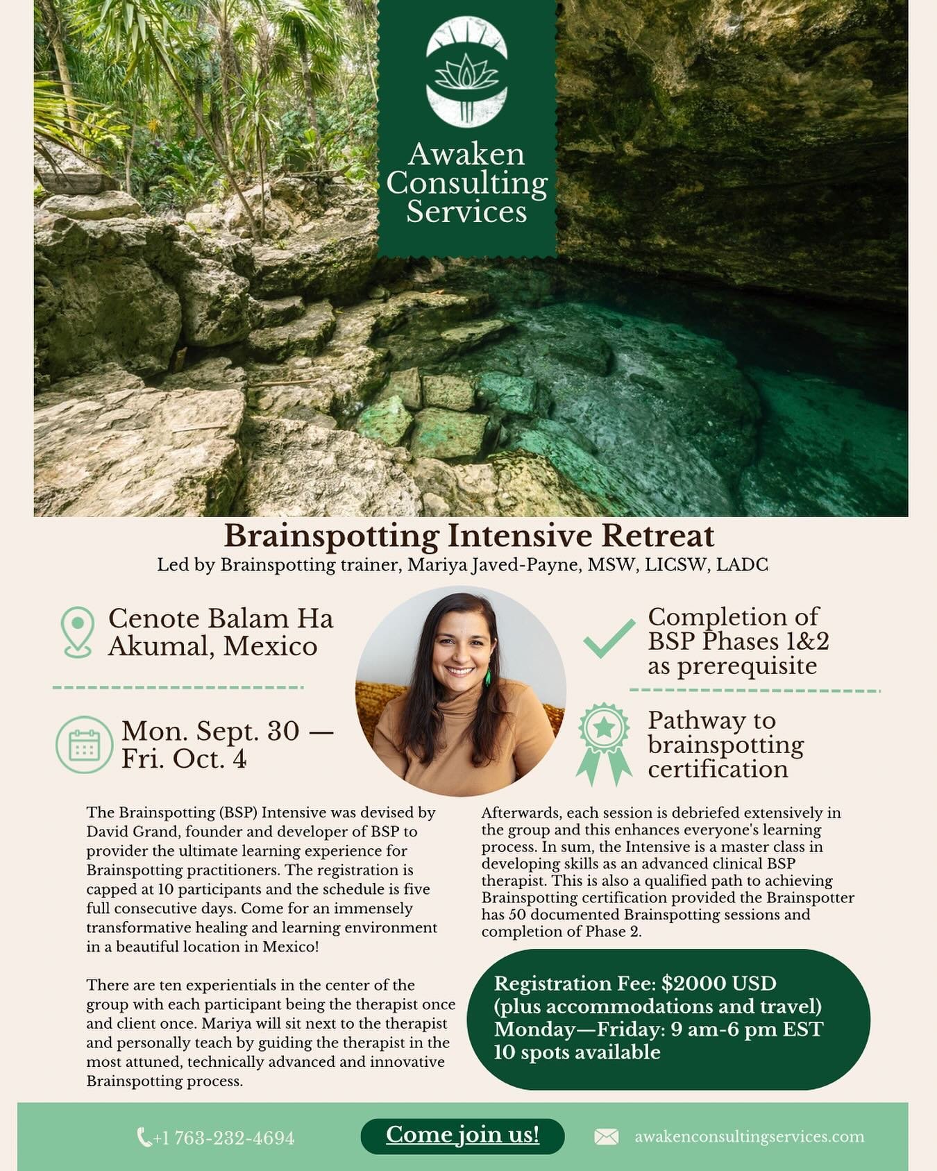 We are excited to announce our next Brainspotting Intensive Retreat at Cenote Balam Ha in Akumal, Mexico ☀️ This intensive training is a deep dive to advance your Brainspotting skills, experience deep healing in community with others, amplified by th
